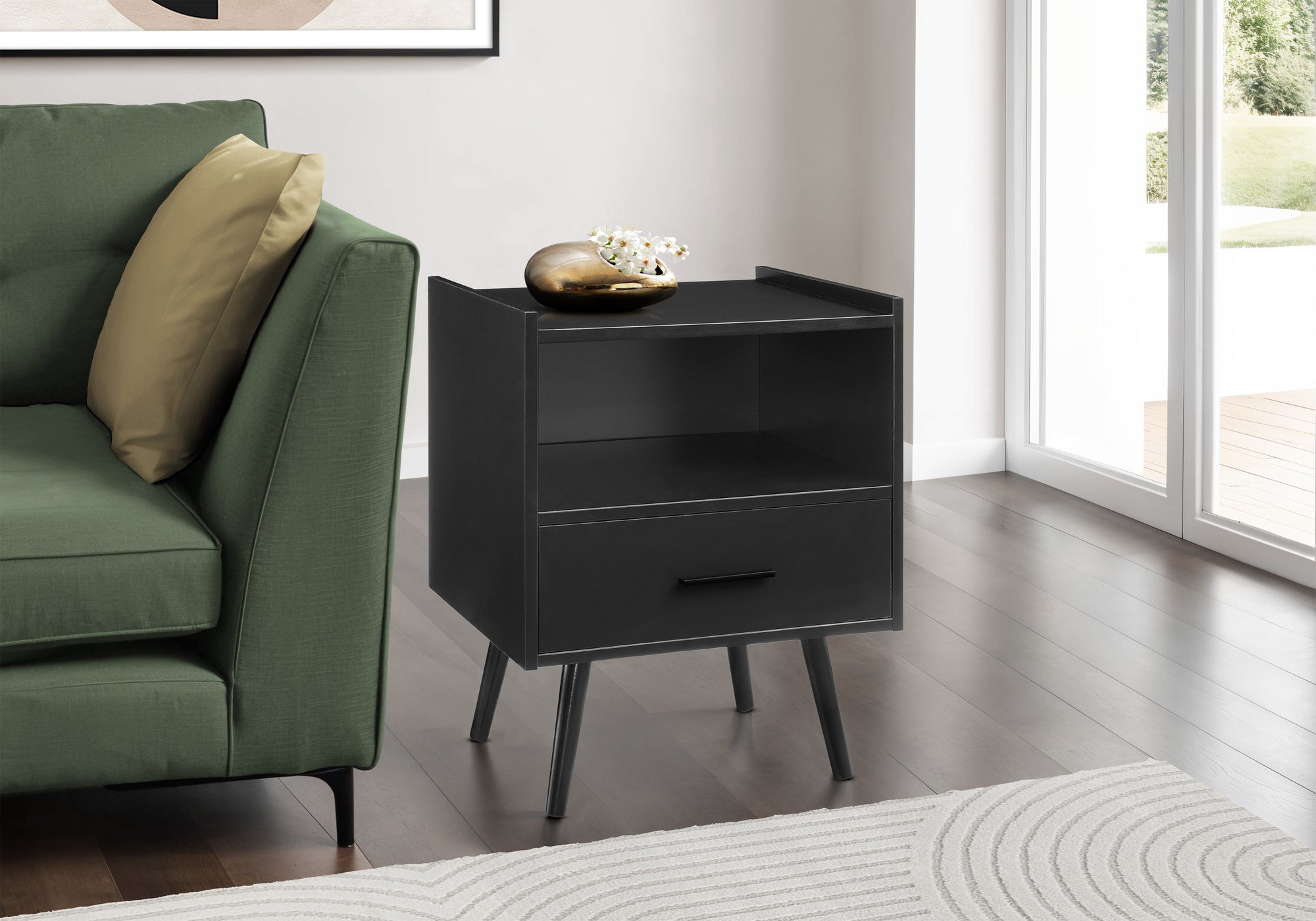 MN-F663667    Accent Table, Side Table, End, Storage Drawer, Nightstand, Bedroom, Living Room, Black Laminate, Contemporary, Modern