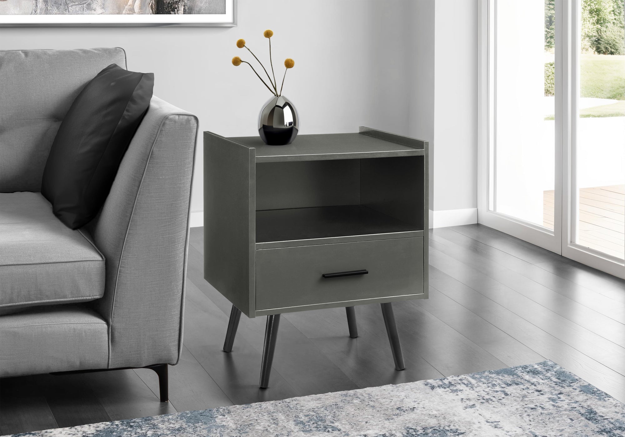 MN-F663668    Accent Table, Side Table, End, Storage Drawer, Nightstand, Bedroom, Living Room, Grey Laminate, Contemporary, Modern