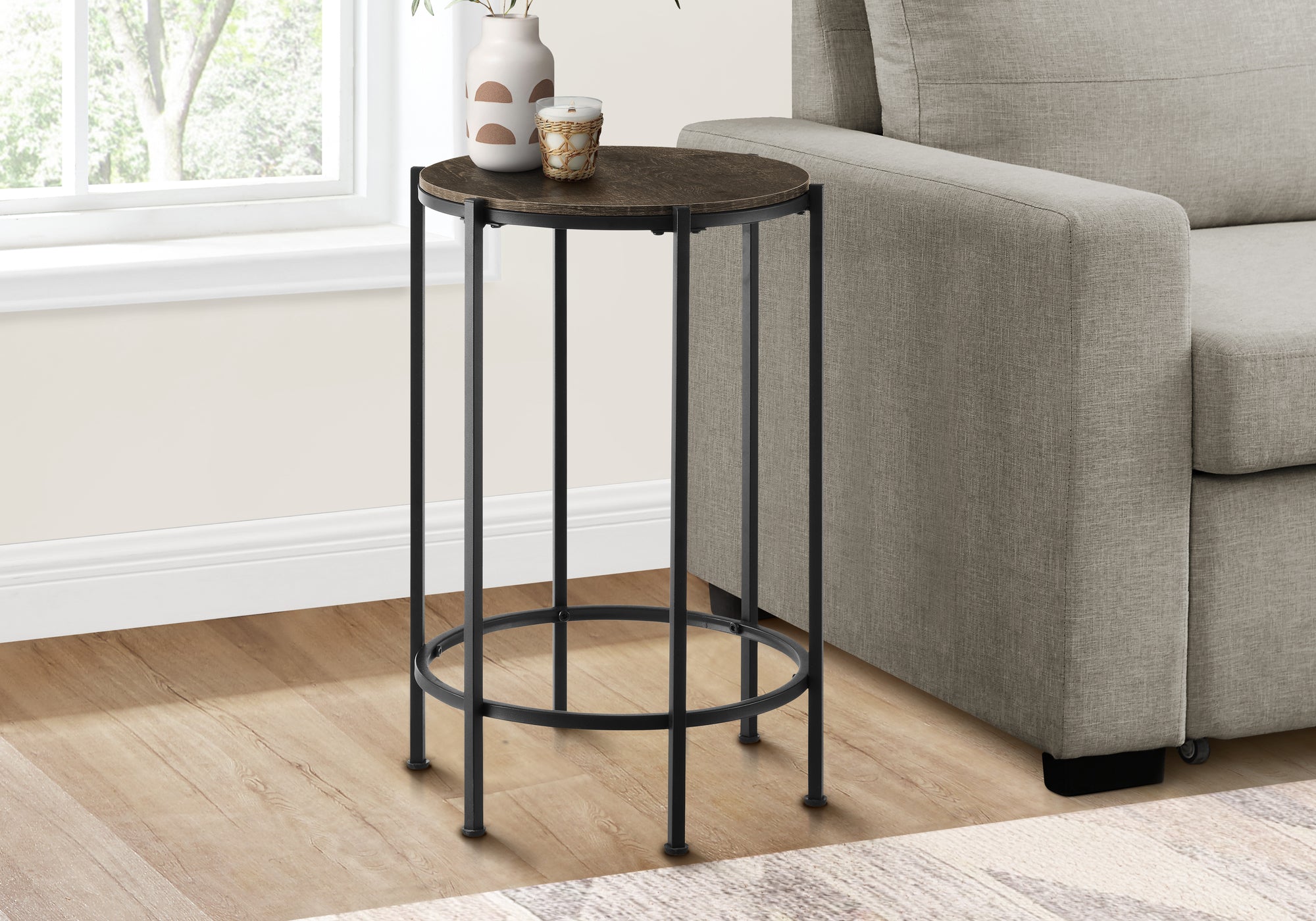 MN-913756    Accent Table, End, Round, Side Table, Small, Lamp, Living Room, Bedroom, Nightstand, Dark Oak Laminate, Black Metal, Contemporary