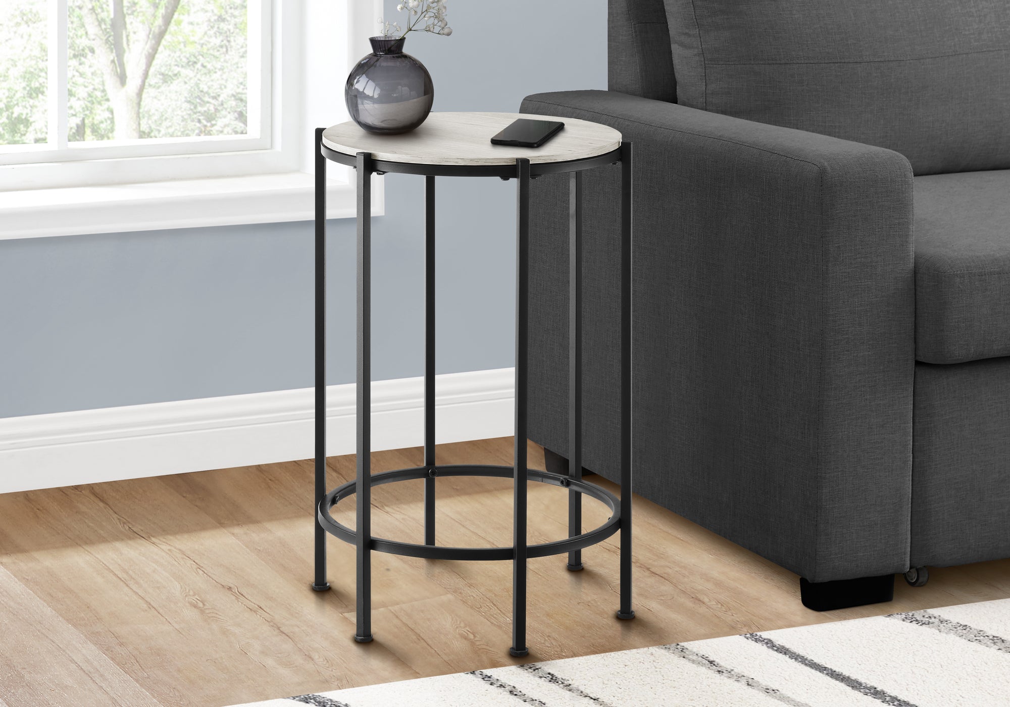 MN-923757    Accent Table, End, Round, Side Table, Small, Lamp, Living Room, Bedroom, Nightstand, Washed Oak Laminate, Black Metal, Contemporary
