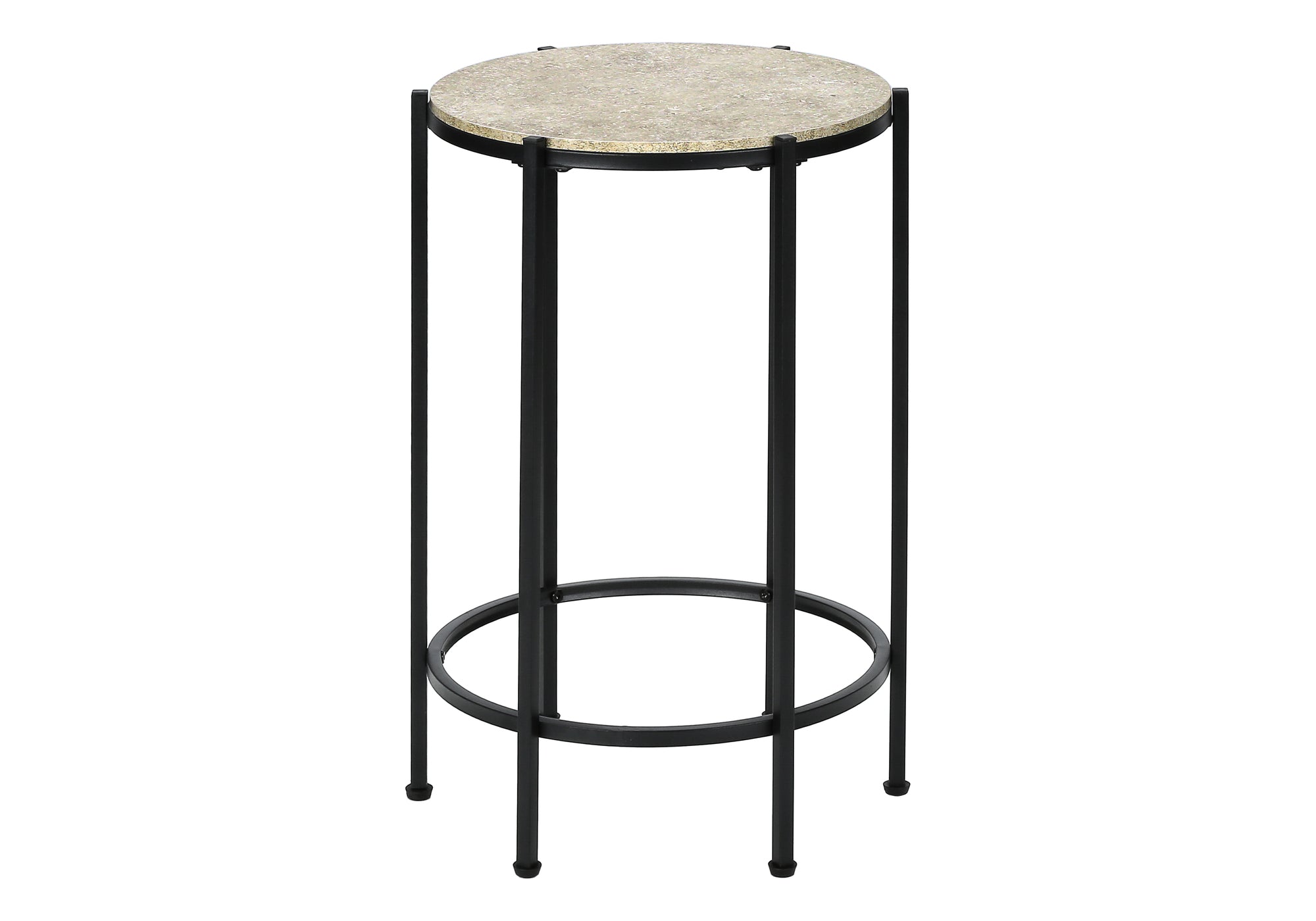 MN-933758    Accent Table, End, Round, Side Table, Small, Lamp, Living Room, Bedroom, Nightstand, Cream Stone Laminate, Black Metal, Contemporary