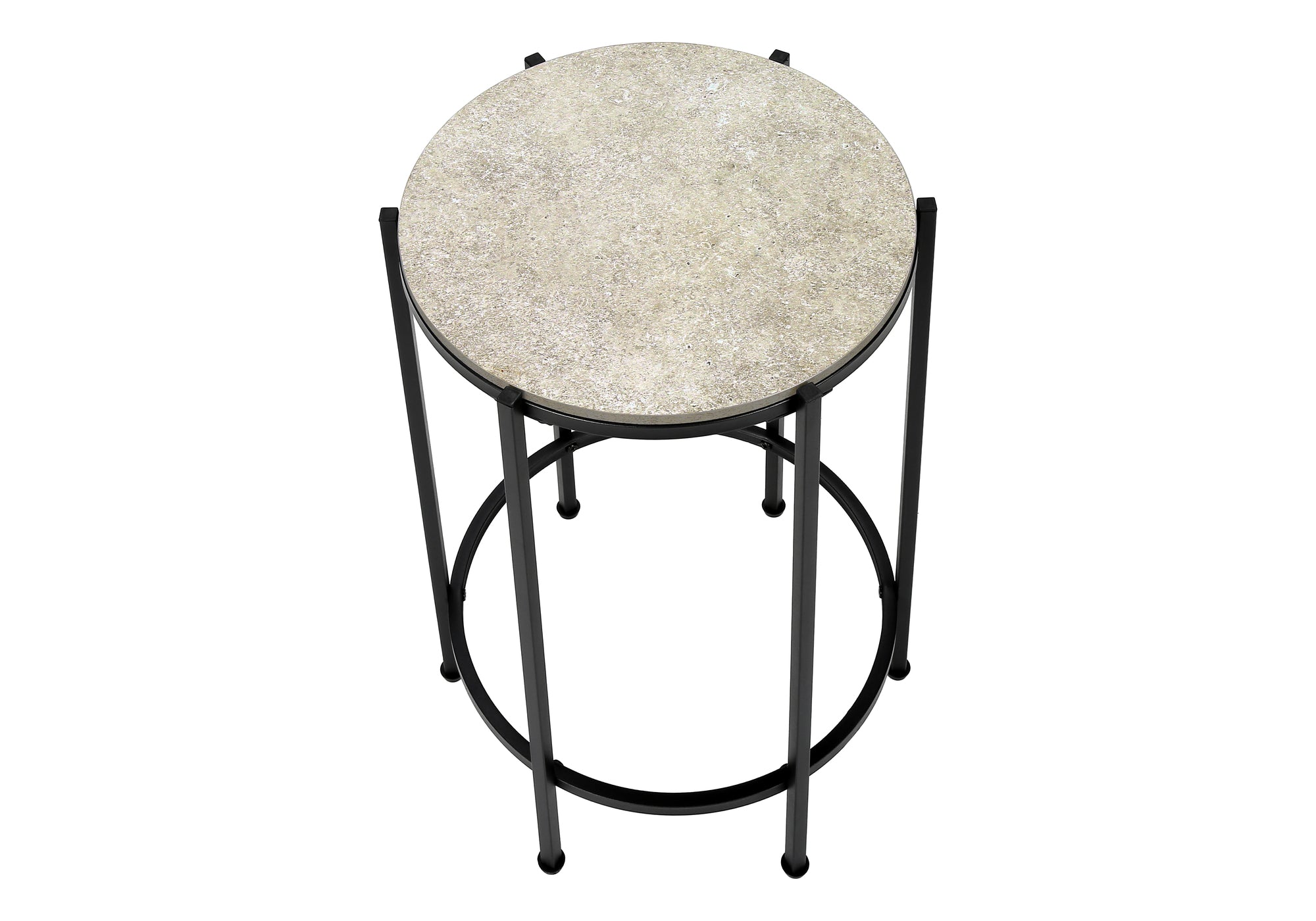 MN-933758    Accent Table, End, Round, Side Table, Small, Lamp, Living Room, Bedroom, Nightstand, Cream Stone Laminate, Black Metal, Contemporary