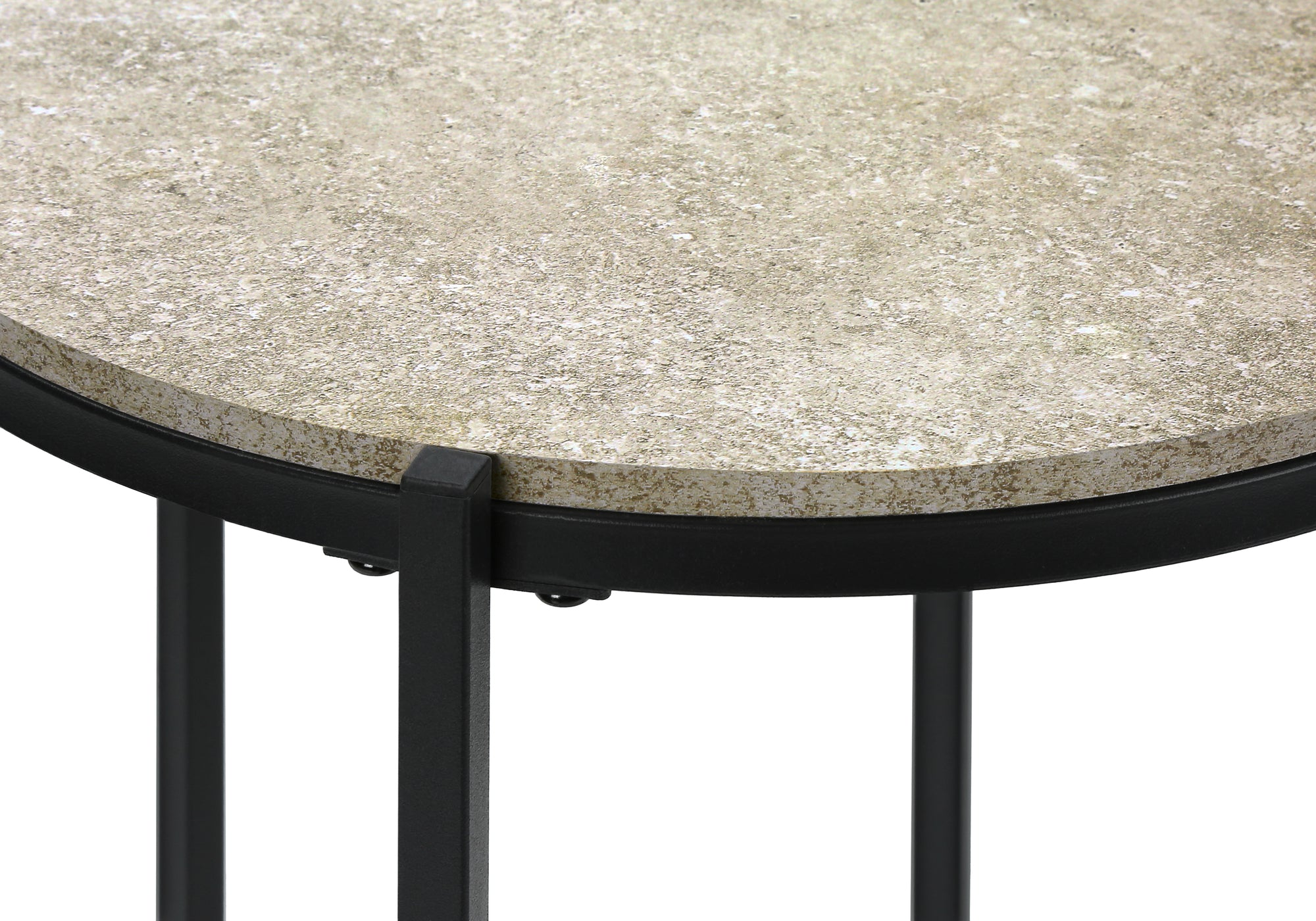 MN-933758    Accent Table, End, Round, Side Table, Small, Lamp, Living Room, Bedroom, Nightstand, Cream Stone Laminate, Black Metal, Contemporary