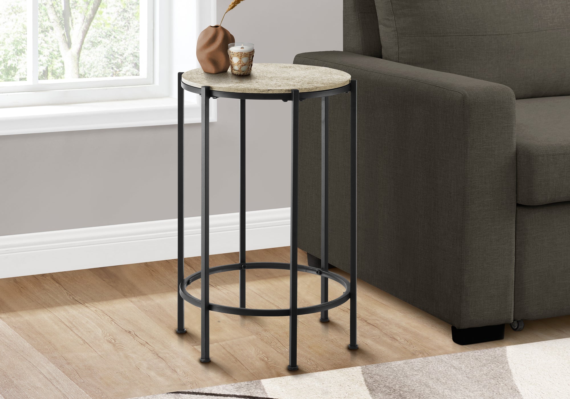 MN-933758    Accent Table, End, Round, Side Table, Small, Lamp, Living Room, Bedroom, Nightstand, Cream Stone Laminate, Black Metal, Contemporary