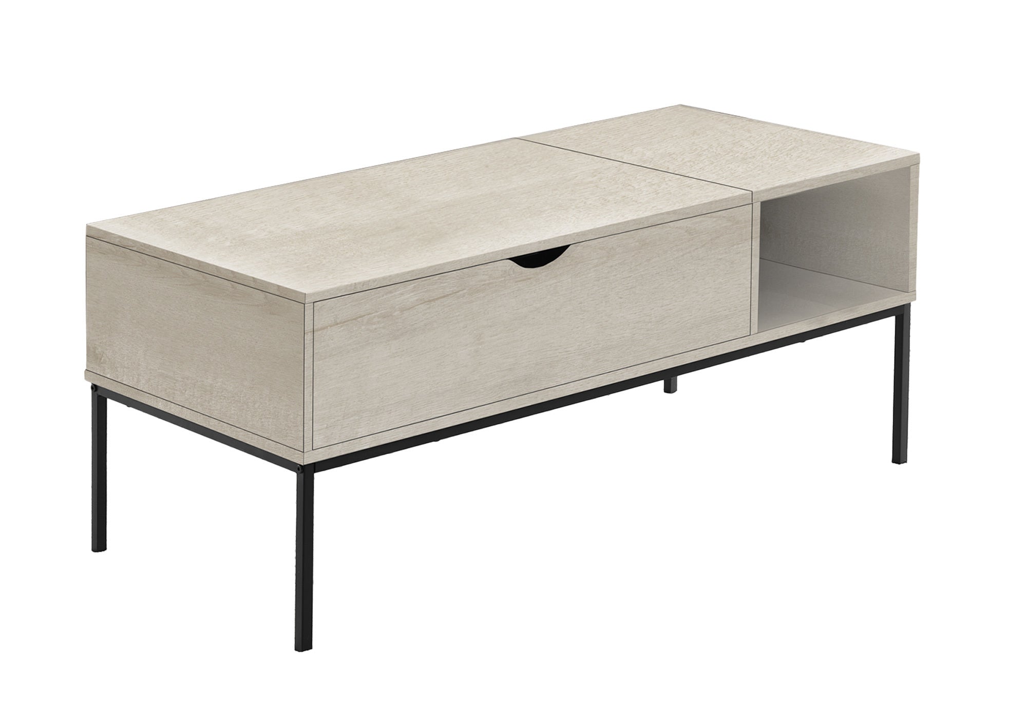 MN-B983807    Coffee Table, 42" L, Rectangular, Cocktail, Lift-top, Washed Oak, Black Metal, Contemporary, Modern