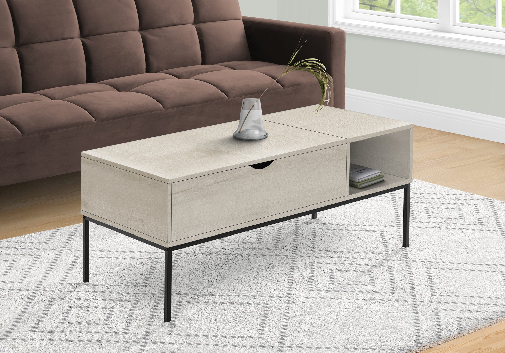 MN-B983807    Coffee Table, 42" L, Rectangular, Cocktail, Lift-top, Washed Oak, Black Metal, Contemporary, Modern