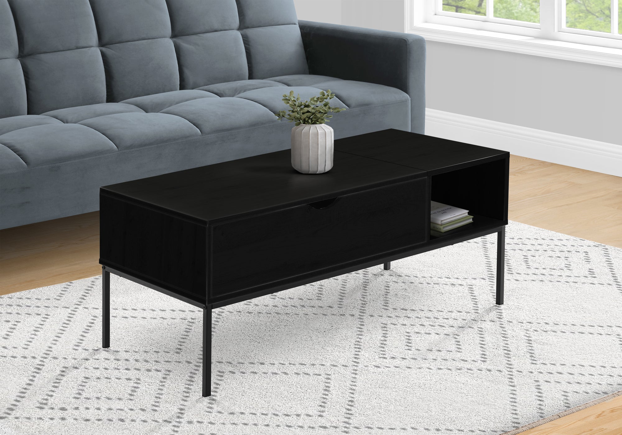 MN-983808    Coffee Table, 42" L, Rectangular, Cocktail, Lift-top, Black Laminate, Black Metal, Contemporary, Modern