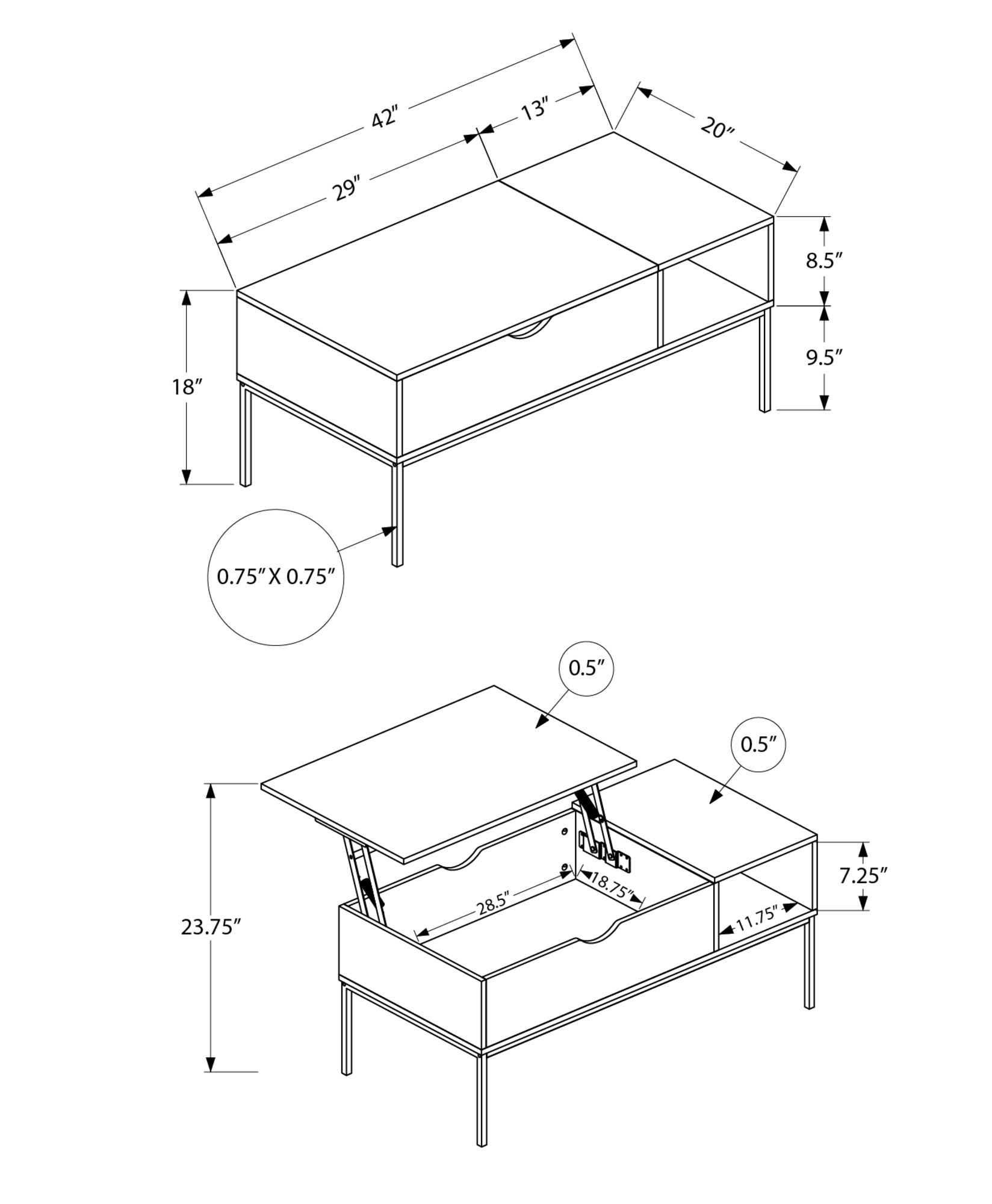 MN-983808    Coffee Table, 42" L, Rectangular, Cocktail, Lift-top, Black Laminate, Black Metal, Contemporary, Modern