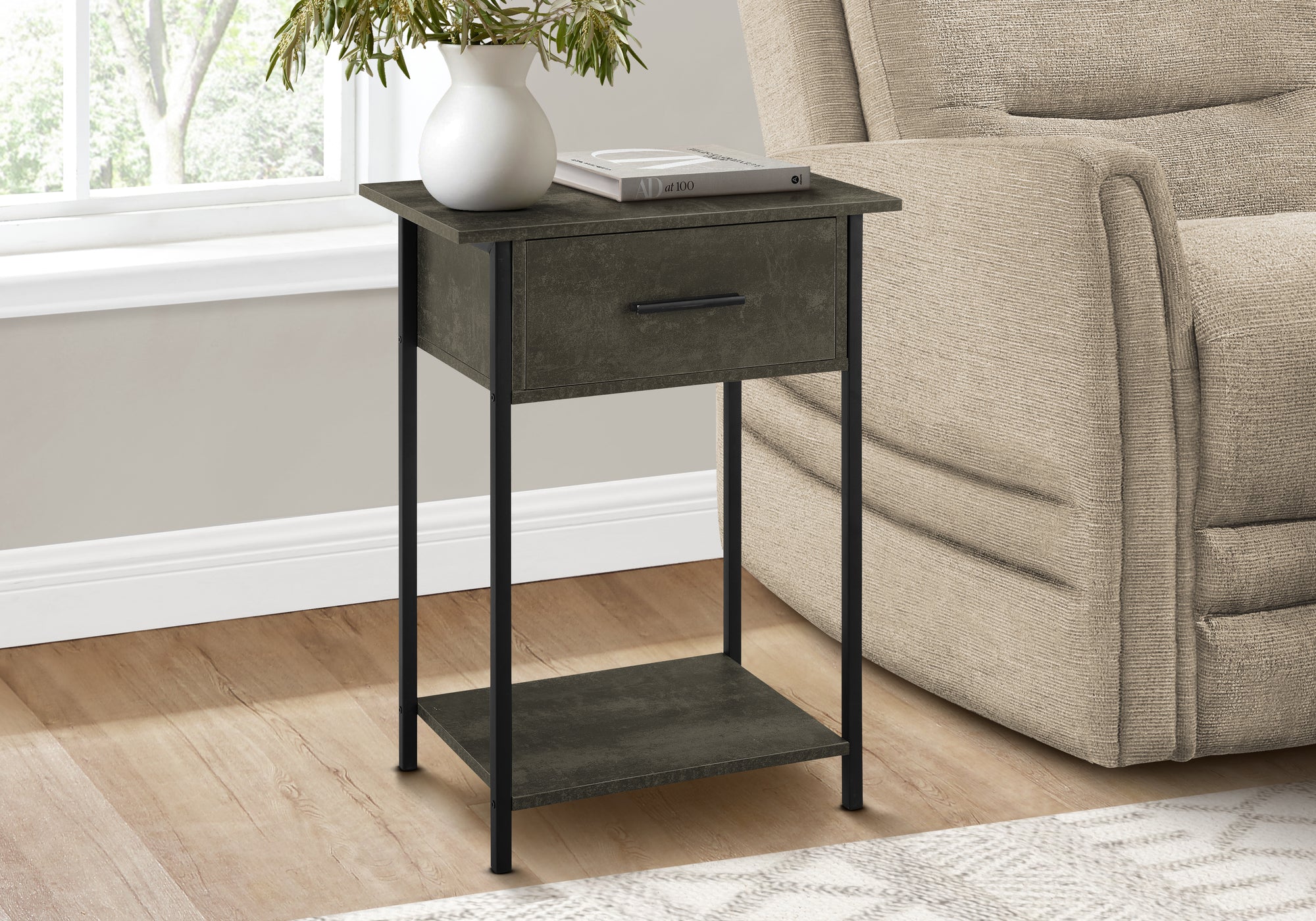 MN-353815    Accent Table, 2 Tier, End, Lamp, Living Room, Side Table, Storage Drawer, Small, Dark Bronze Laminate, Black Metal, Contemporary