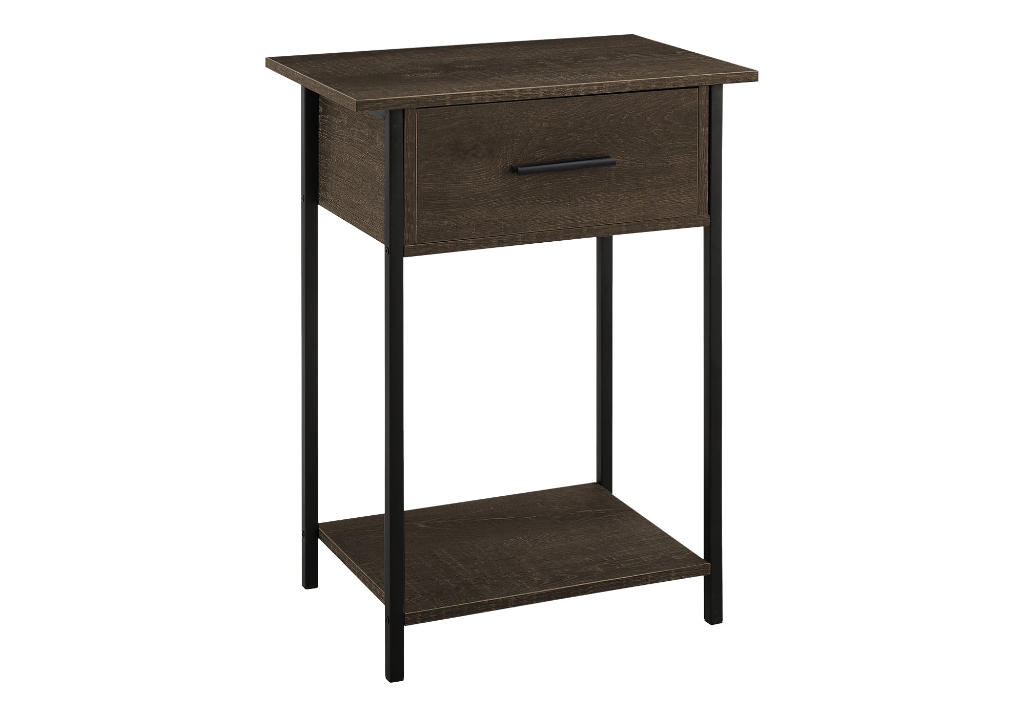 MN-J353816    Accent Table, 2 Tier, End, Lamp, Living Room, Side Table, Storage Drawer, Small, Dark Oak Laminate, Black Metal, Contemporary