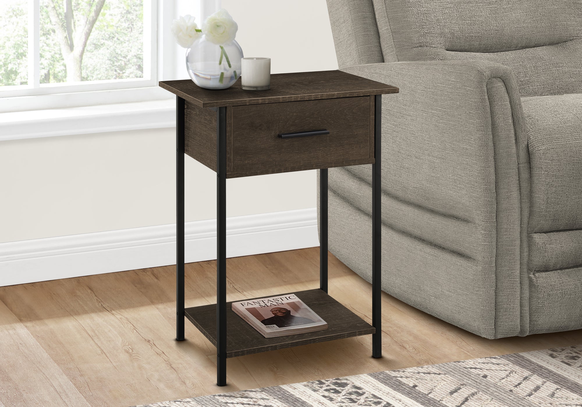 MN-J353816    Accent Table, 2 Tier, End, Lamp, Living Room, Side Table, Storage Drawer, Small, Dark Oak Laminate, Black Metal, Contemporary