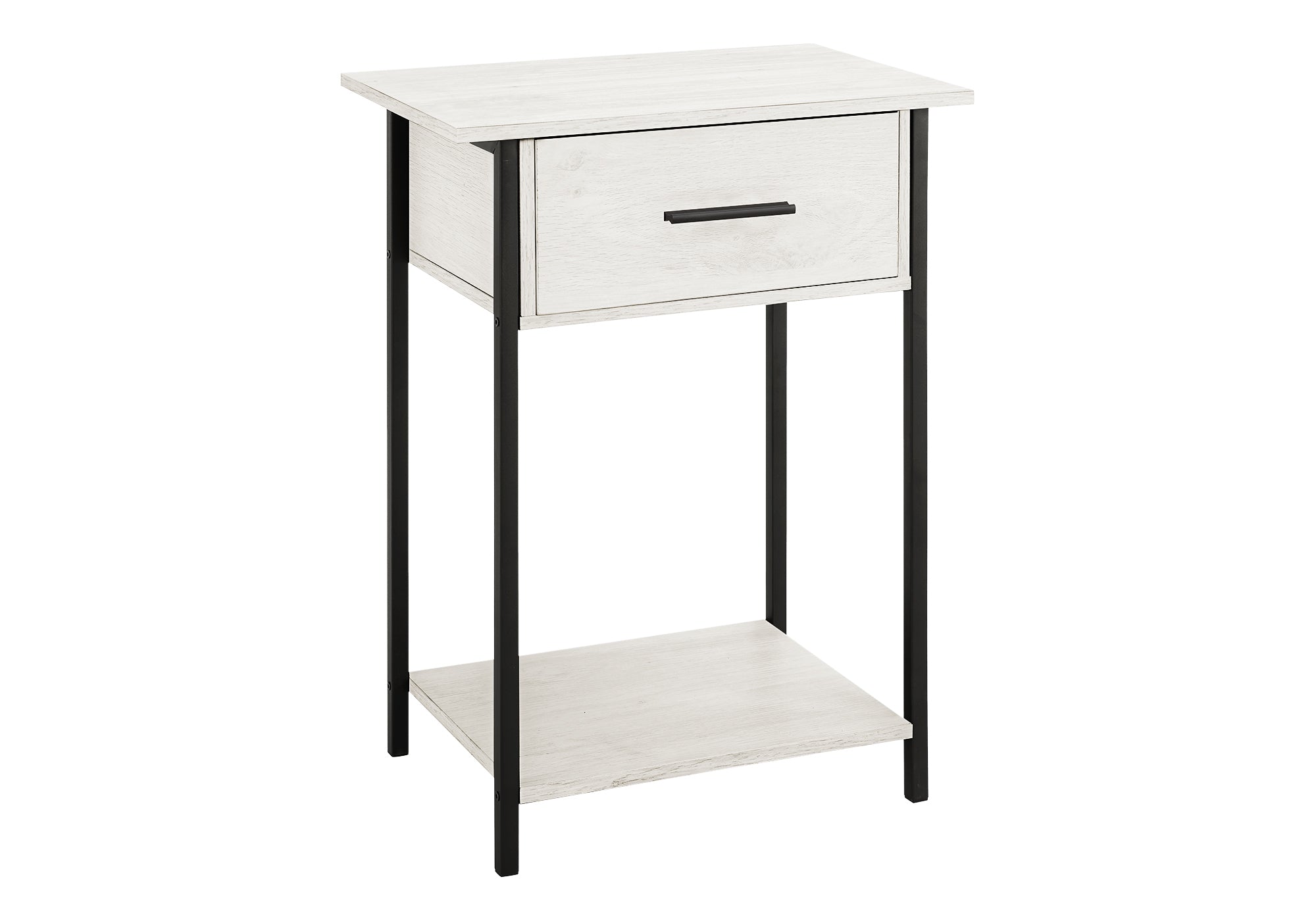 MN-373817    Accent Table, 2 Tier, End, Lamp, Living Room, Side Table, Storage Drawer, Small, Washed Oak Laminate, Black Metal, Contemporary