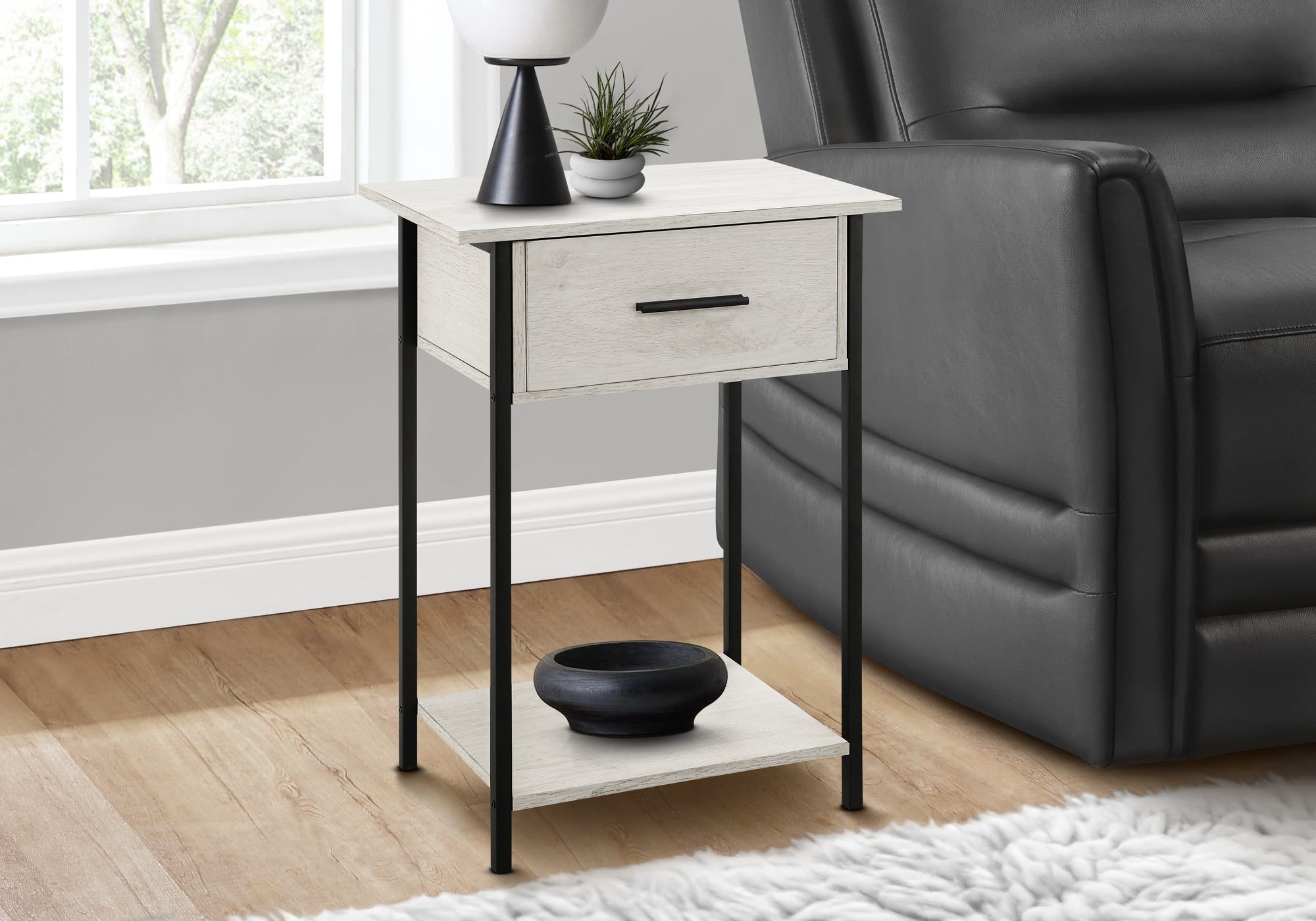 MN-373817    Accent Table, 2 Tier, End, Lamp, Living Room, Side Table, Storage Drawer, Small, Washed Oak Laminate, Black Metal, Contemporary
