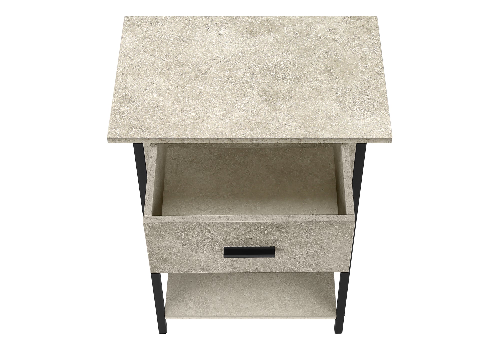 MN-383818    Accent Table, 2 Tier, End, Lamp, Living Room, Side Table, Storage Drawer, Small, Cream Stone Laminate, Black Metal, Contemporary