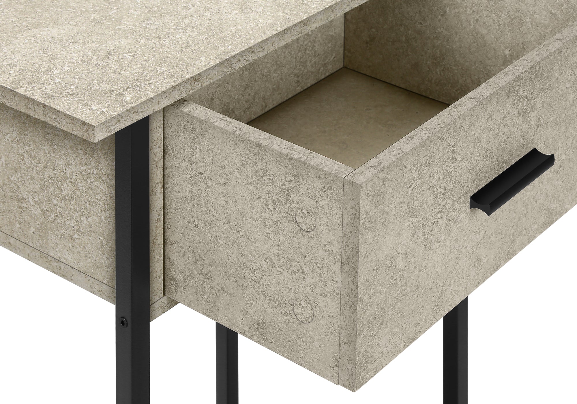 MN-383818    Accent Table, 2 Tier, End, Lamp, Living Room, Side Table, Storage Drawer, Small, Cream Stone Laminate, Black Metal, Contemporary