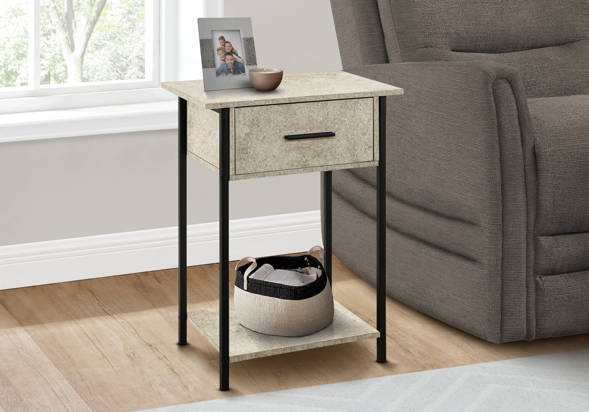 MN-383818    Accent Table, 2 Tier, End, Lamp, Living Room, Side Table, Storage Drawer, Small, Cream Stone Laminate, Black Metal, Contemporary