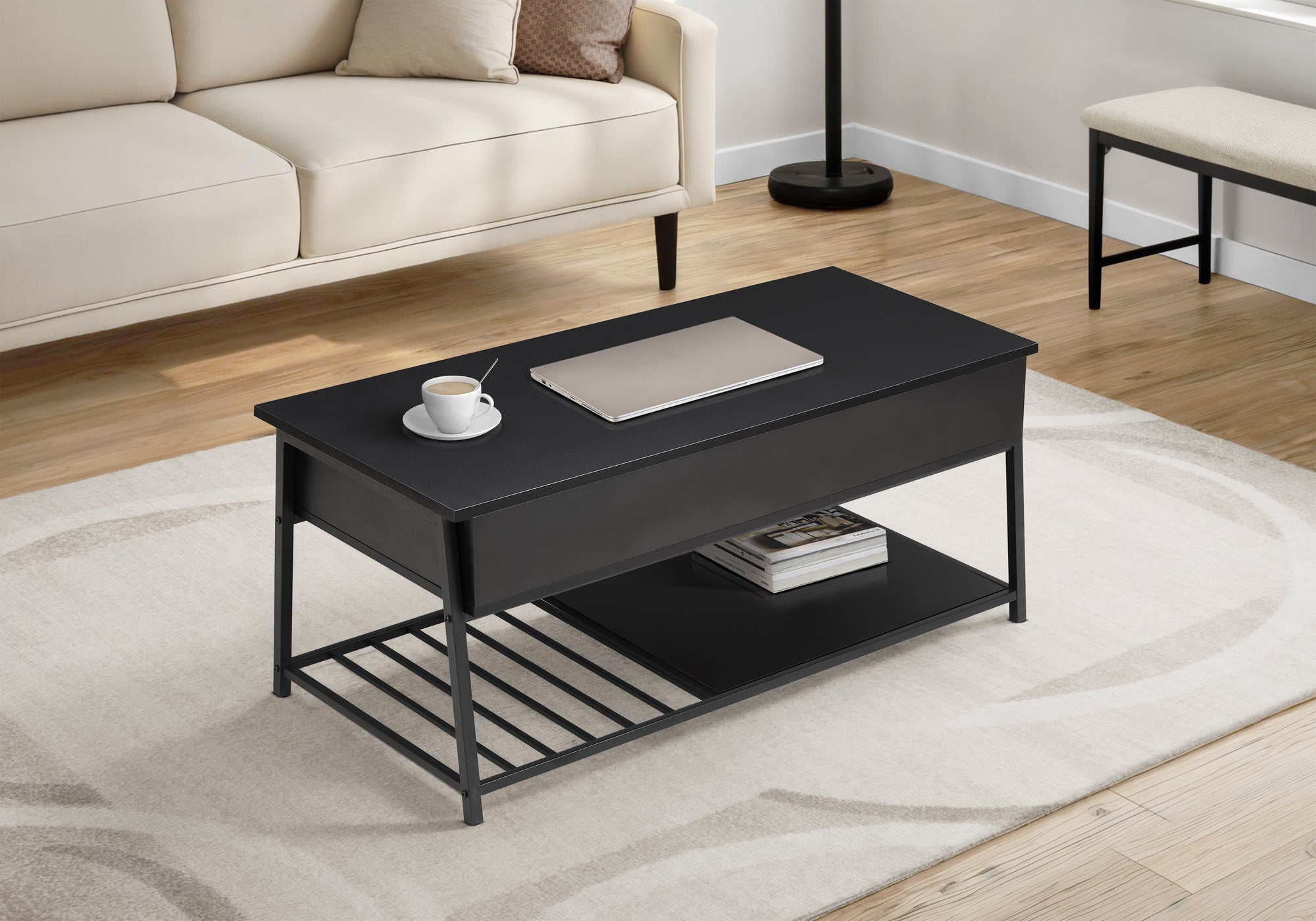 MN-D173820    Coffee Table, 42" L, Cocktail, Lift-top, Rectangular, Storage, Living Room, Black Laminate, Black Metal, Contemporary, Modern