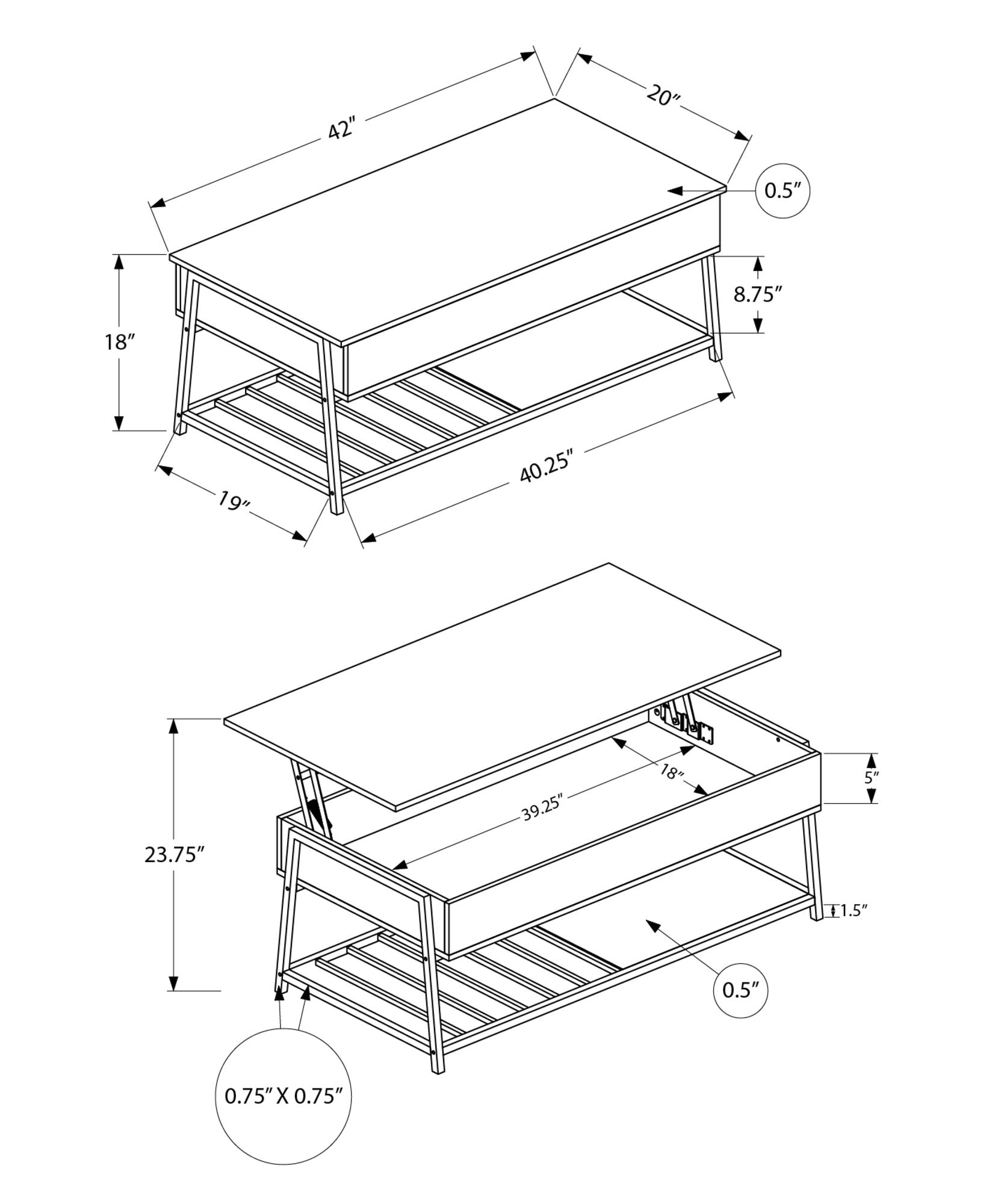 MN-183821    Coffee Table, 42" L, Cocktail, Lift-top, Rectangular, Storage, Living Room, Dark Bronze Laminate, Black Metal, Contemporary, Modern