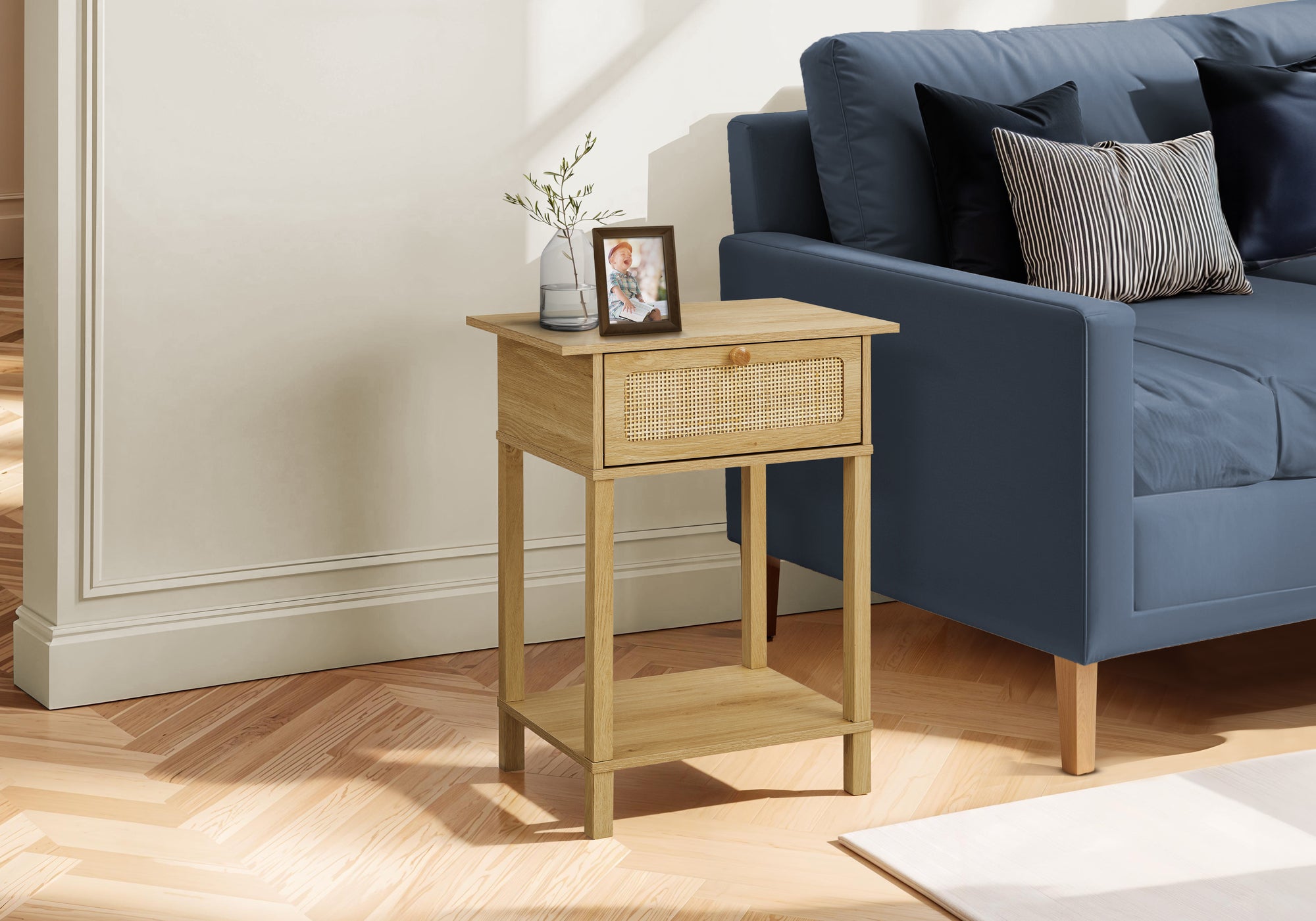 MN-K413842    Accent Table, 2 Tier, End, Nightstand, Side Table, Storage Drawer, Bedroom, Living Room, Natural Laminate, Transitional
