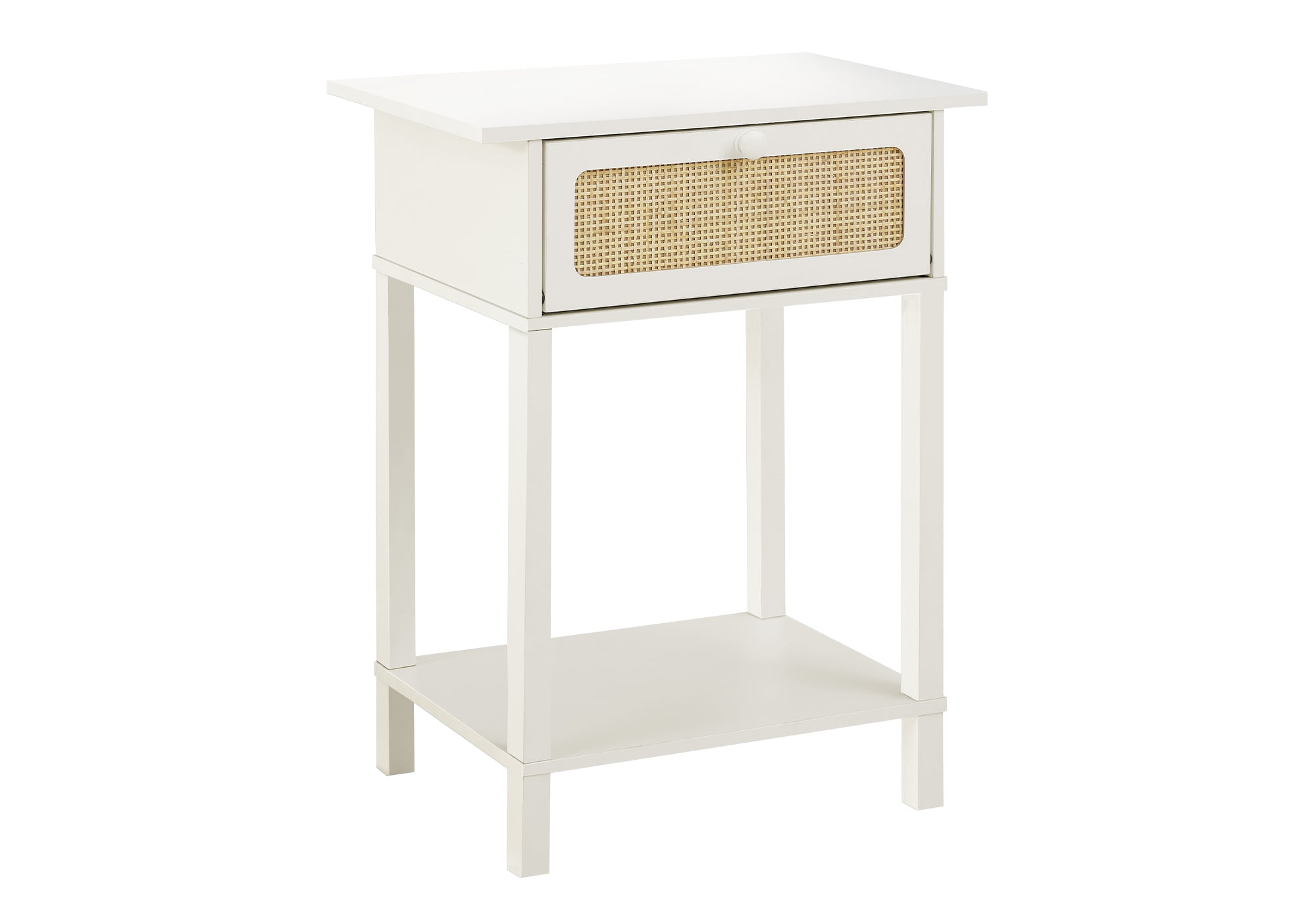 MN-K413843    Accent Table, 2 Tier, End, Nightstand, Side Table, Storage Drawer, Bedroom, Living Room, White Laminate, Transitional