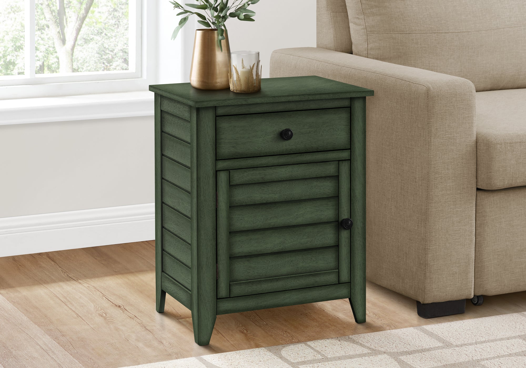 MN-593948    Accent Table, Nightstand, Storage Drawer, End, Side Table, Bedroom, Lamp, Storage, Antique Green Veneer, Transitional