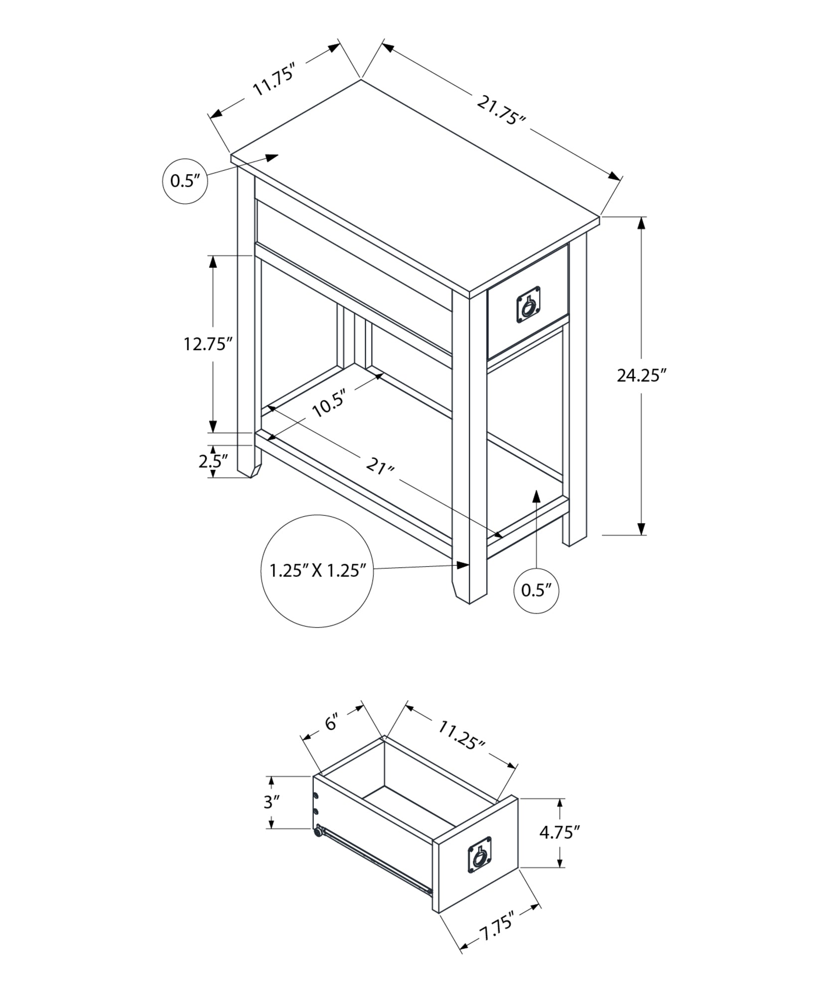MN-633953    Accent Table, End, Side Table, Nightstand, Bedroom, Narrow, Storage Drawer, Brown Veneer, Transitional