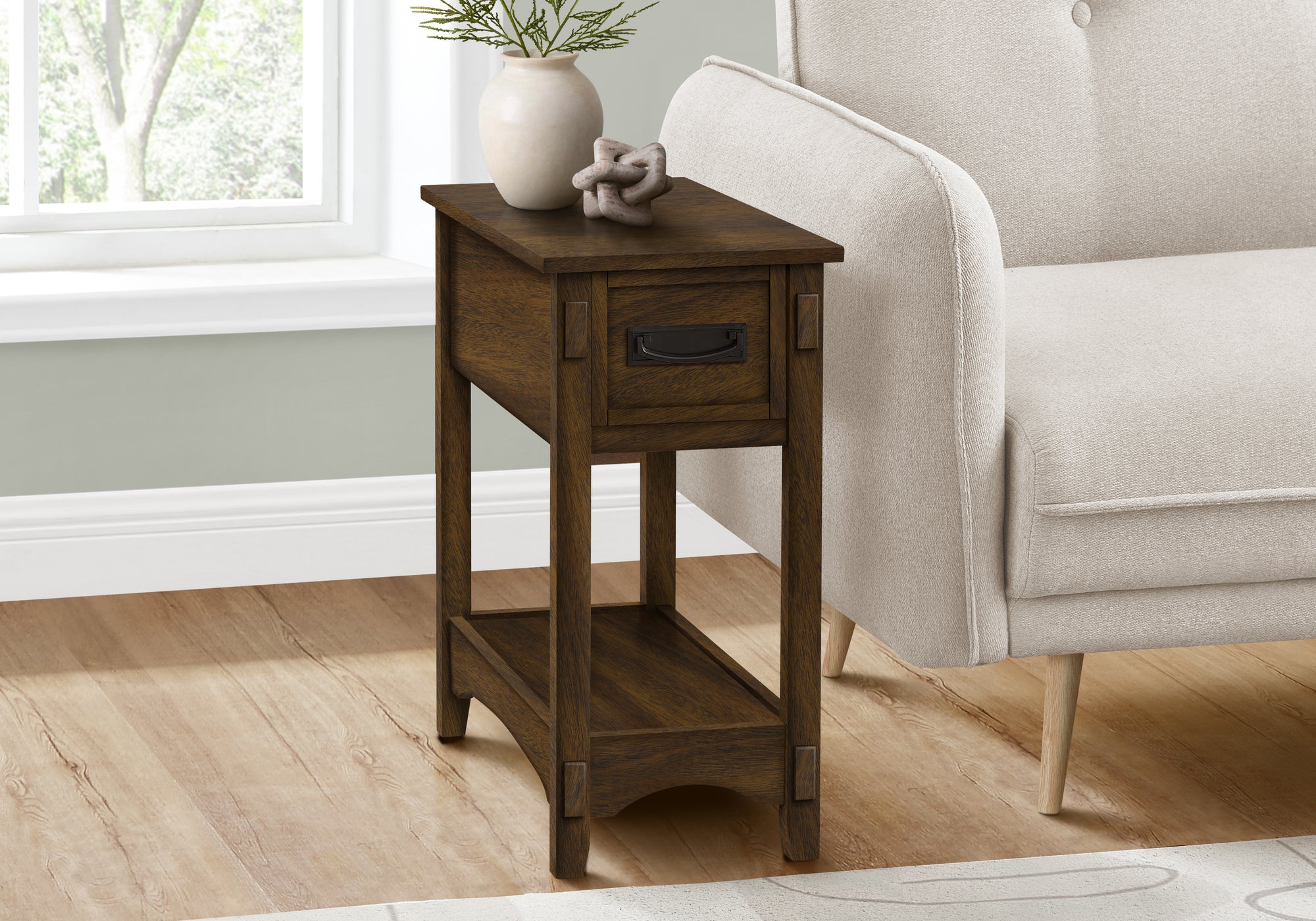 MN-643955    Accent Table, End, Side Table, Nightstand, 2 Tier, Narrow, Storage Drawer, Brown Veneer, Transitional