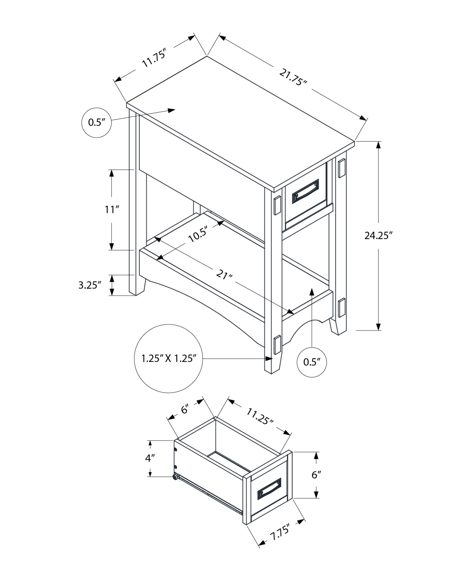 MN-643955    Accent Table, End, Side Table, Nightstand, 2 Tier, Narrow, Storage Drawer, Brown Veneer, Transitional