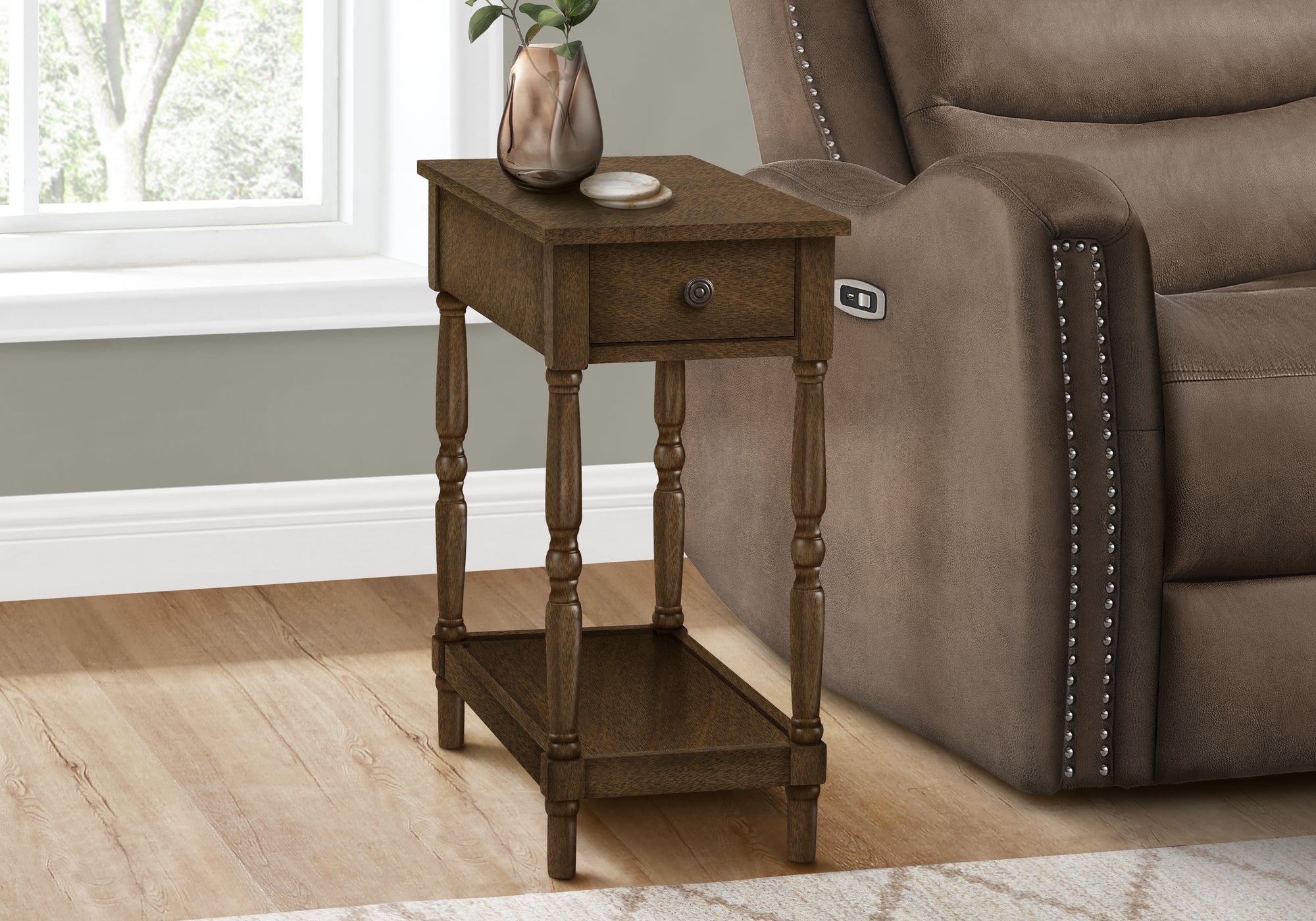 MN-S653957    Accent Table, 2 Tier, End, Side Table, Nightstand, Bedroom, Narrow, Lamp, Storage Drawer, Brown Veneer, Traditional