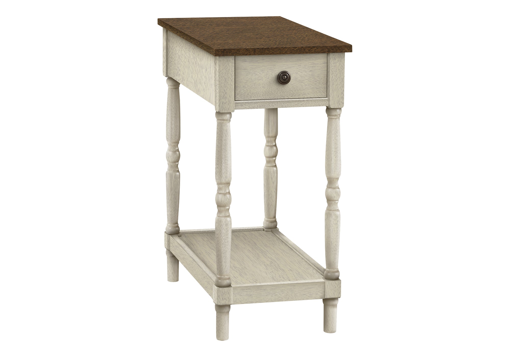MN-S653958    Accent Table, 2 Tier, End, Side Table, Nightstand, Bedroom, Narrow, Lamp, Storage Drawer, Brown Veneer, Antique White Veneer, Traditional