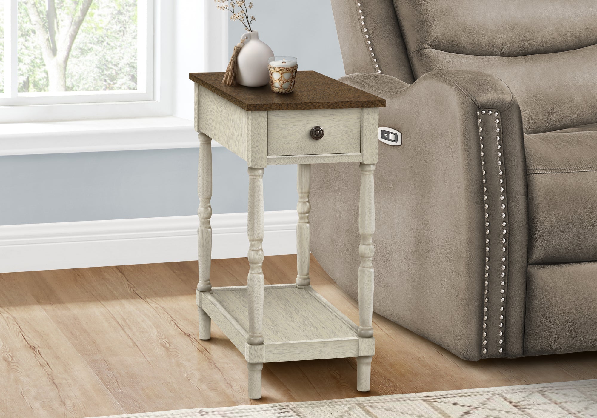 MN-S653958    Accent Table, 2 Tier, End, Side Table, Nightstand, Bedroom, Narrow, Lamp, Storage Drawer, Brown Veneer, Antique White Veneer, Traditional