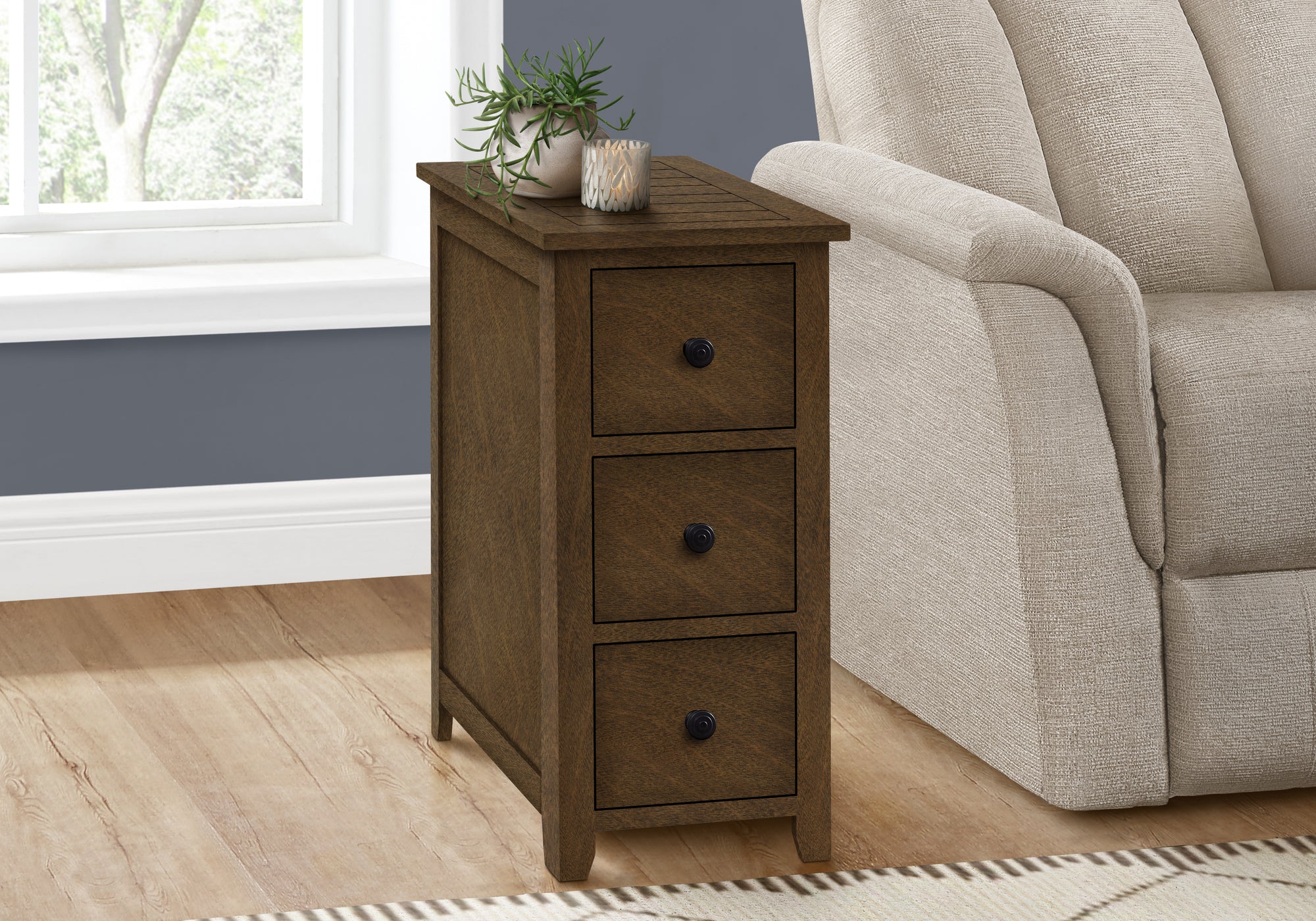 MN-673959    Accent Table, End, Side Table, Nightstand, Narrow, Bedroom, Storage Drawer, Lamp, Brown Veneer, Transitional