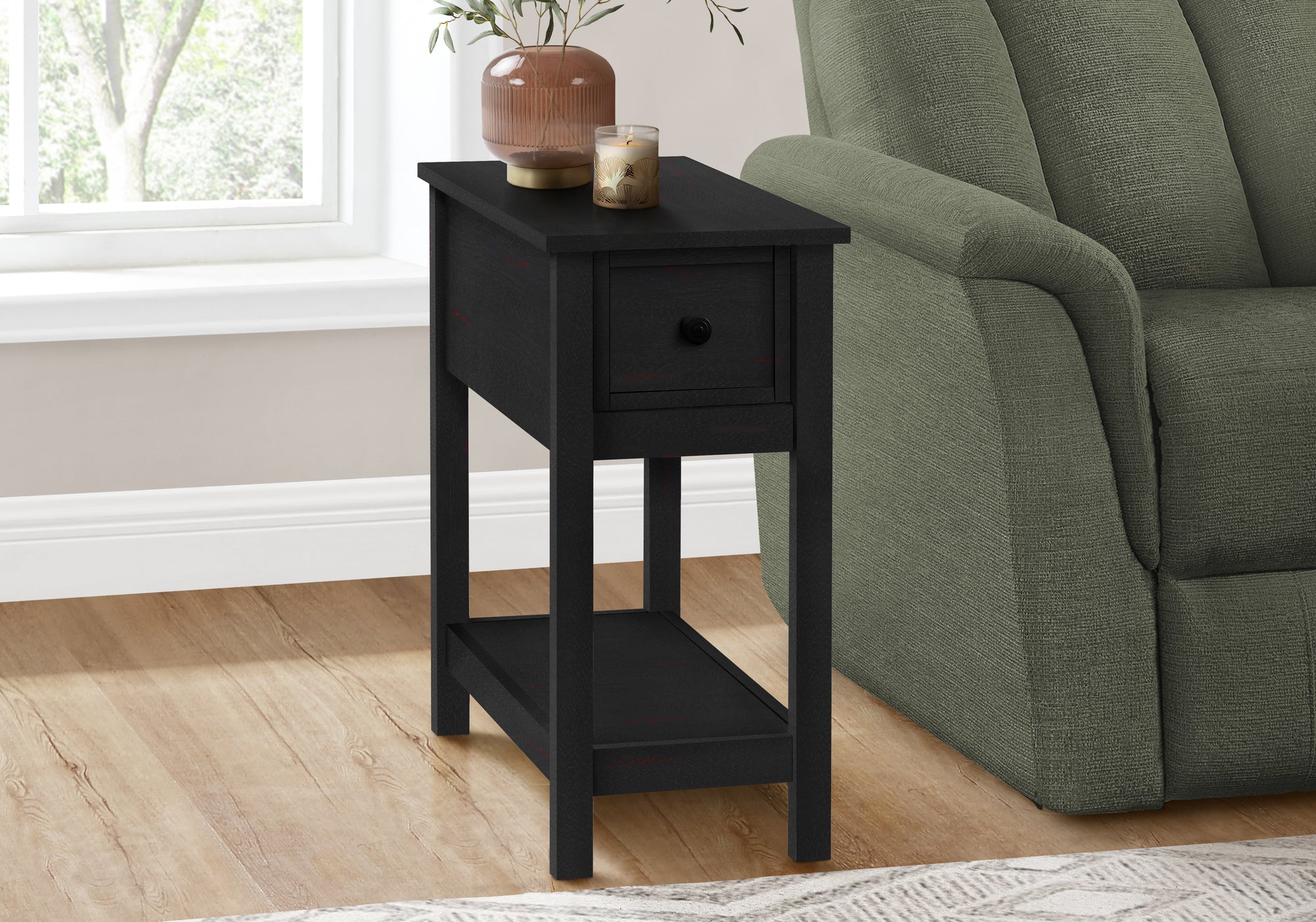 MN-643961    Accent Table, 2 Tier, End, Lamp, Nightstand, Side Table, Narrow, Small, Storage Drawer, Bedroom, Black Veneer, Transitional