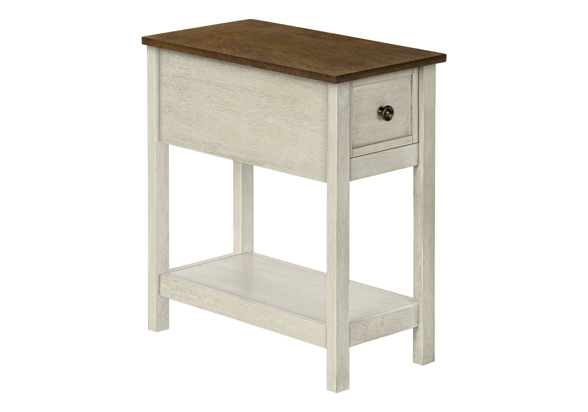 MN-A703962    Accent Table, End, Side Table, 2 Tier, Narrow, Bedroom, Lamp, Storage Drawer, Antique White Veneer, Brown Veneer, Transitional
