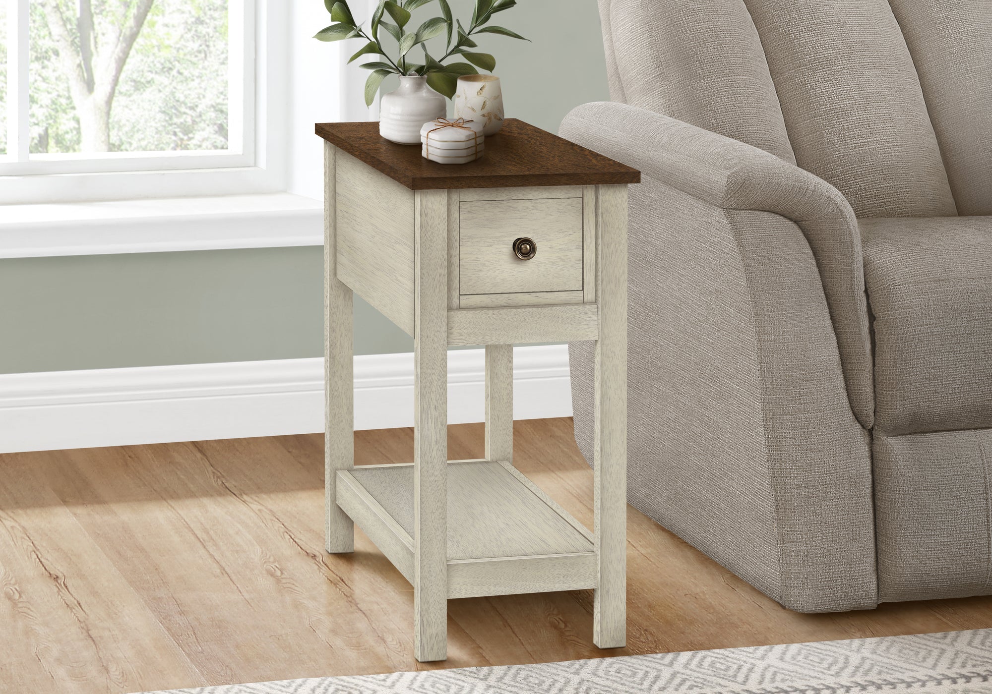 MN-A703962    Accent Table, End, Side Table, 2 Tier, Narrow, Bedroom, Lamp, Storage Drawer, Antique White Veneer, Brown Veneer, Transitional