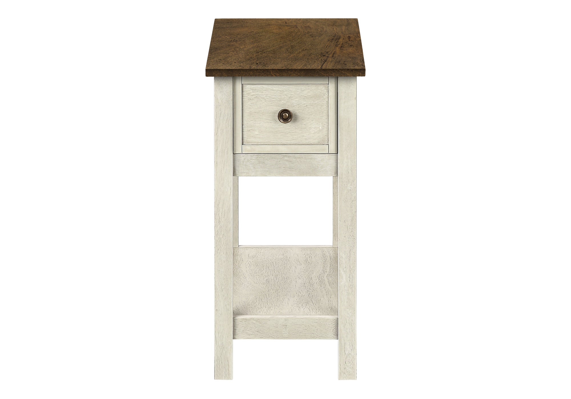 MN-A703962    Accent Table, End, Side Table, 2 Tier, Narrow, Bedroom, Lamp, Storage Drawer, Antique White Veneer, Brown Veneer, Transitional