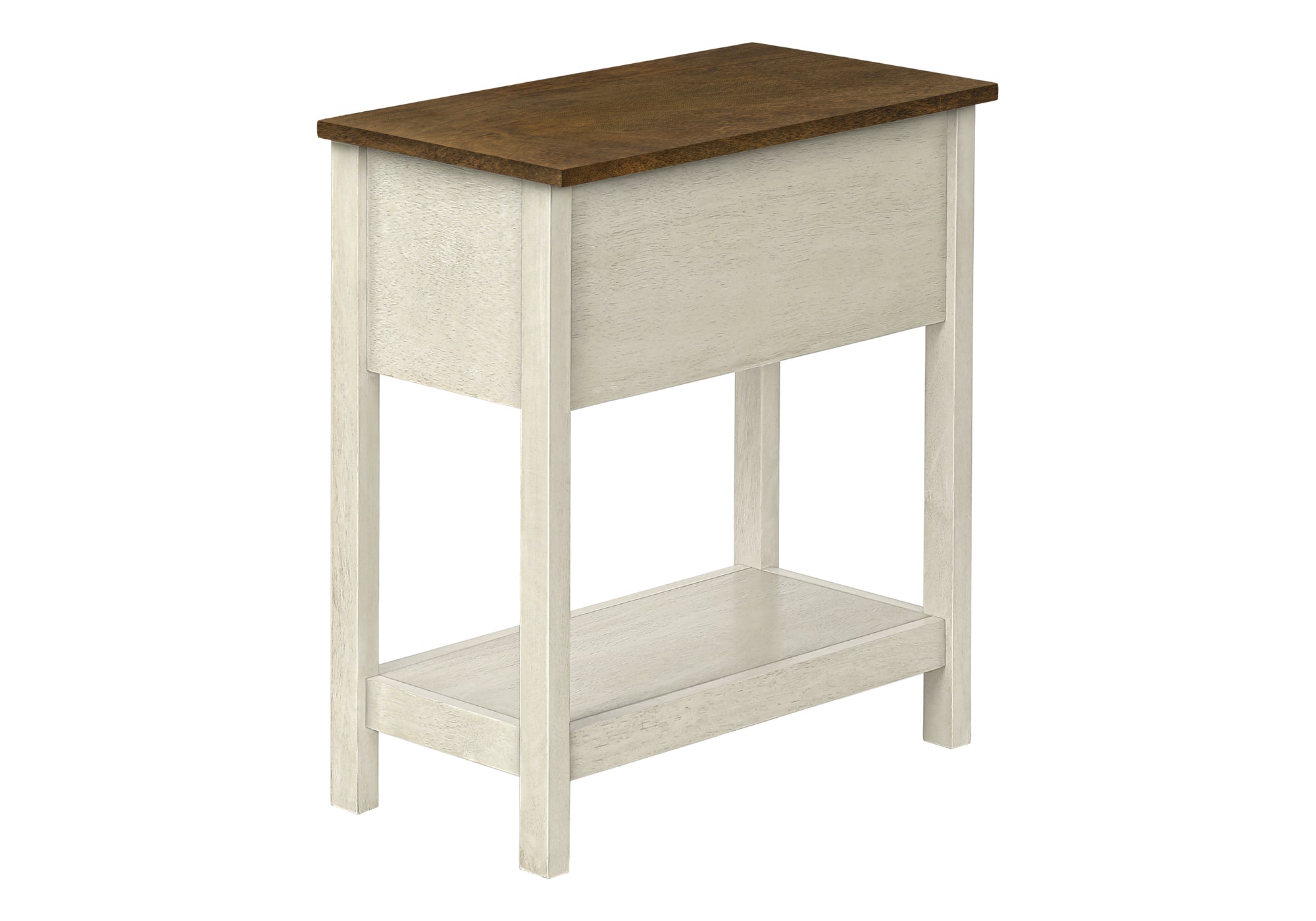 MN-A703962    Accent Table, End, Side Table, 2 Tier, Narrow, Bedroom, Lamp, Storage Drawer, Antique White Veneer, Brown Veneer, Transitional