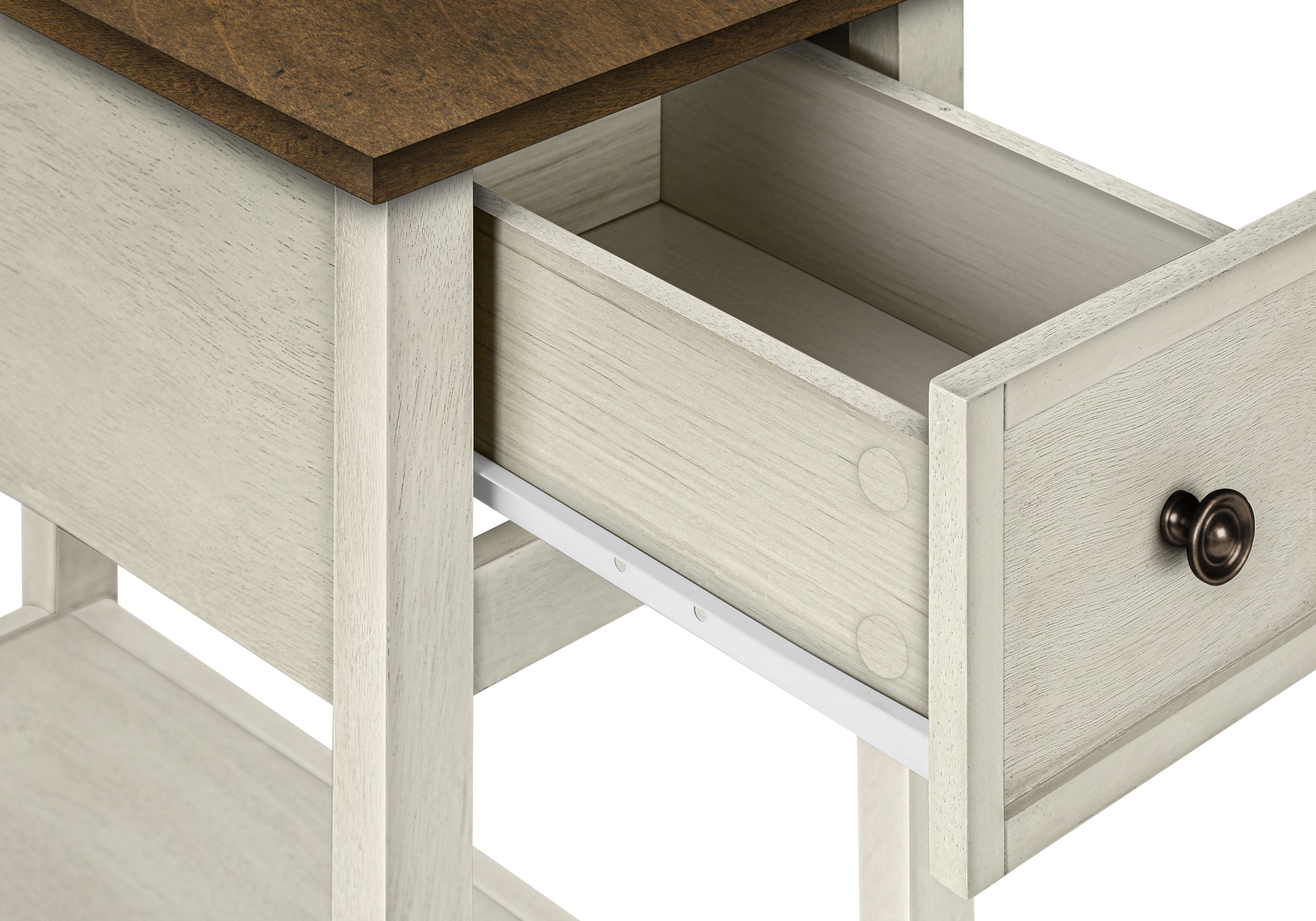 MN-A703962    Accent Table, End, Side Table, 2 Tier, Narrow, Bedroom, Lamp, Storage Drawer, Antique White Veneer, Brown Veneer, Transitional