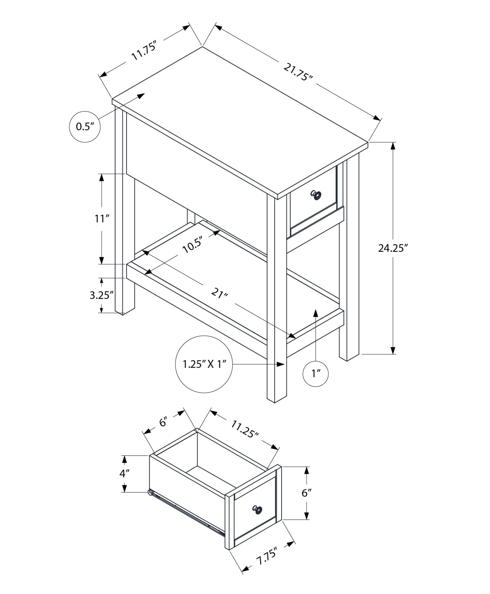 MN-A703962    Accent Table, End, Side Table, 2 Tier, Narrow, Bedroom, Lamp, Storage Drawer, Antique White Veneer, Brown Veneer, Transitional