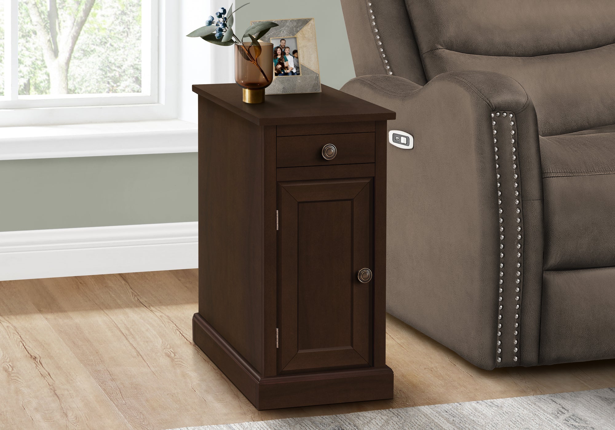 MN-H723964    Accent Table, End, Side Table, Nightstand, Narrow, Bedroom, Lamp, Storage Drawer, Brown Veneer, Traditional