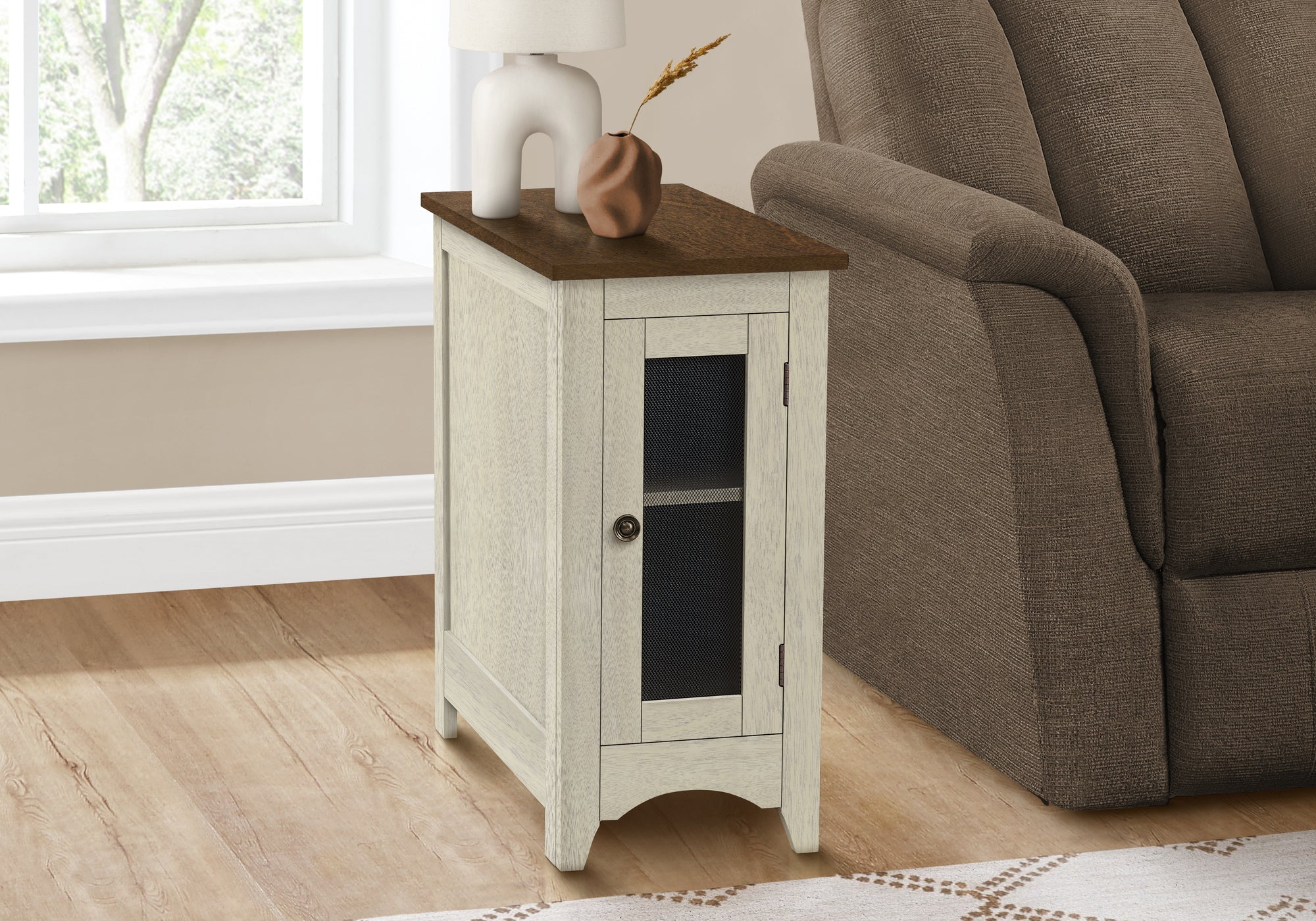 MN-493966    Accent Table, End, Side Table, Narrow, Nightstand, Bedroom, Lamp, Storage, Antique White Veneer, Brown Veneer, Transitional