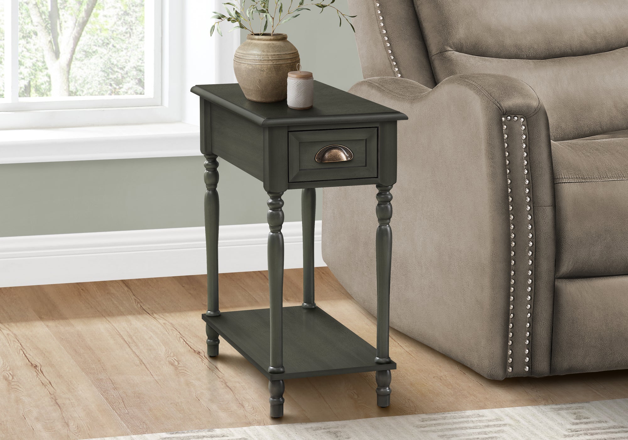 MN-C763968    Accent Table, 2 Tier, Side Table, End, Narrow, Nightstand, Bedroom, Lamp, Storage Drawer, Green Veneer, Traditional