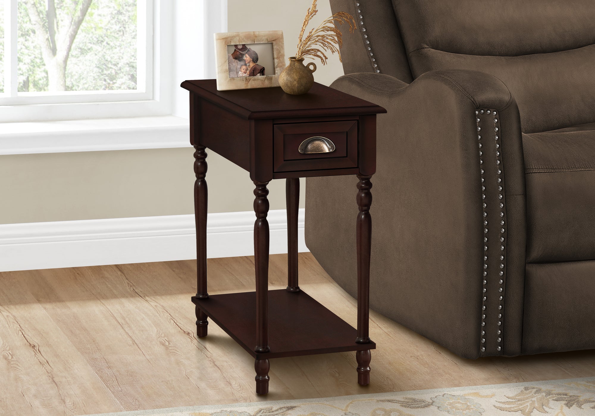 MN-C763969    Accent Table, 2 Tier, Side Table, End, Narrow, Nightstand, Bedroom, Lamp, Storage Drawer, Brown Veneer, Traditional