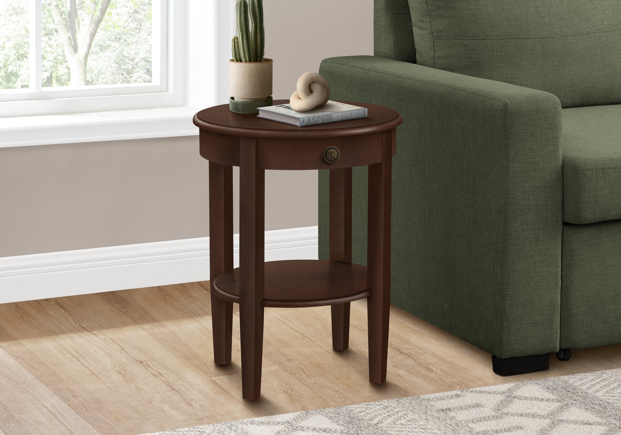 MN-813975    Accent Table, 2 Tier, End, Side Table, Round, Nightstand, Bedroom, Lamp, Brown Veneer, Transitional