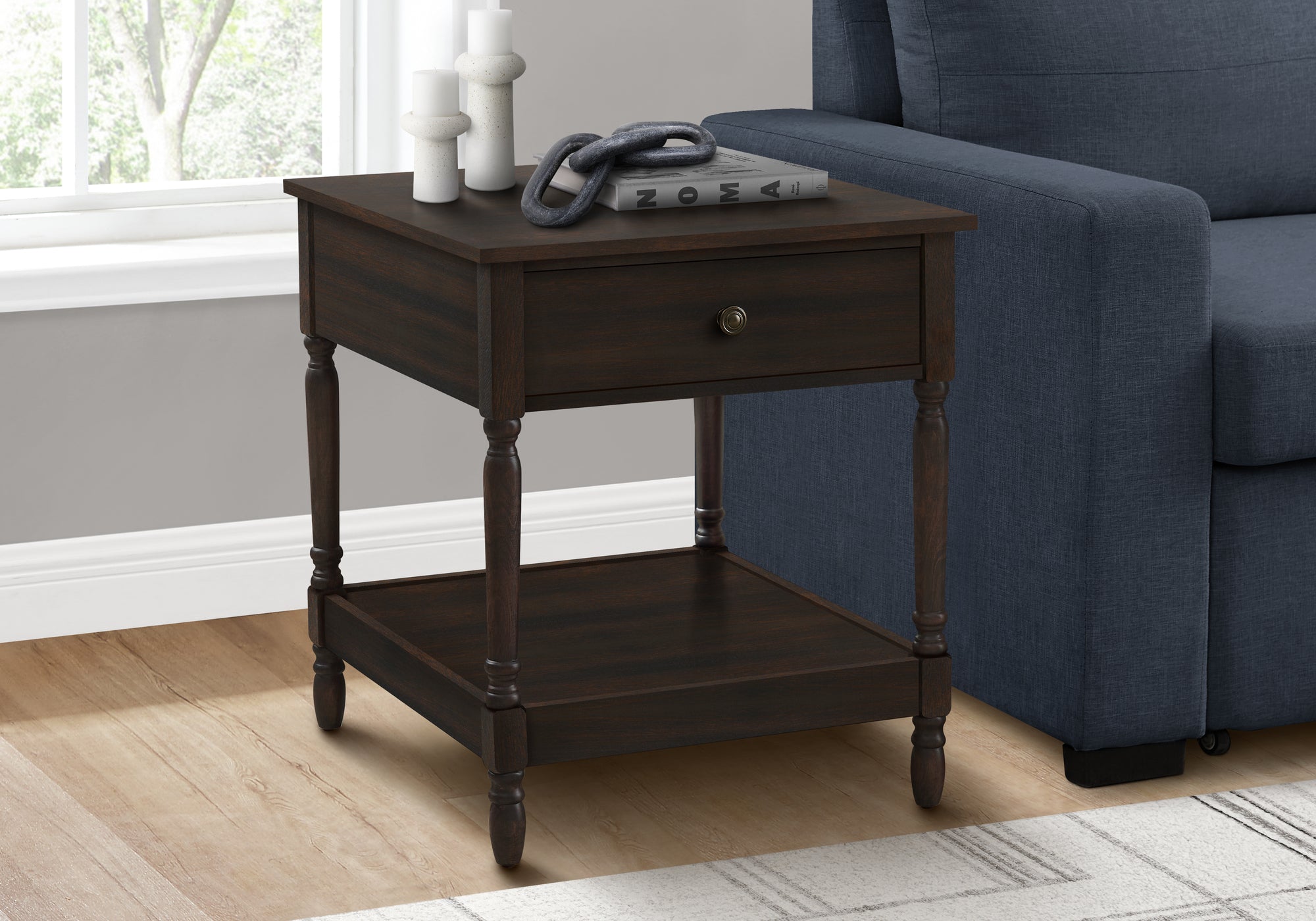 MN-823976    Accent Table, 2 Tier, End, Side Table, Square, Nightstand, Bedroom, Lamp, Brown Veneer, Traditional