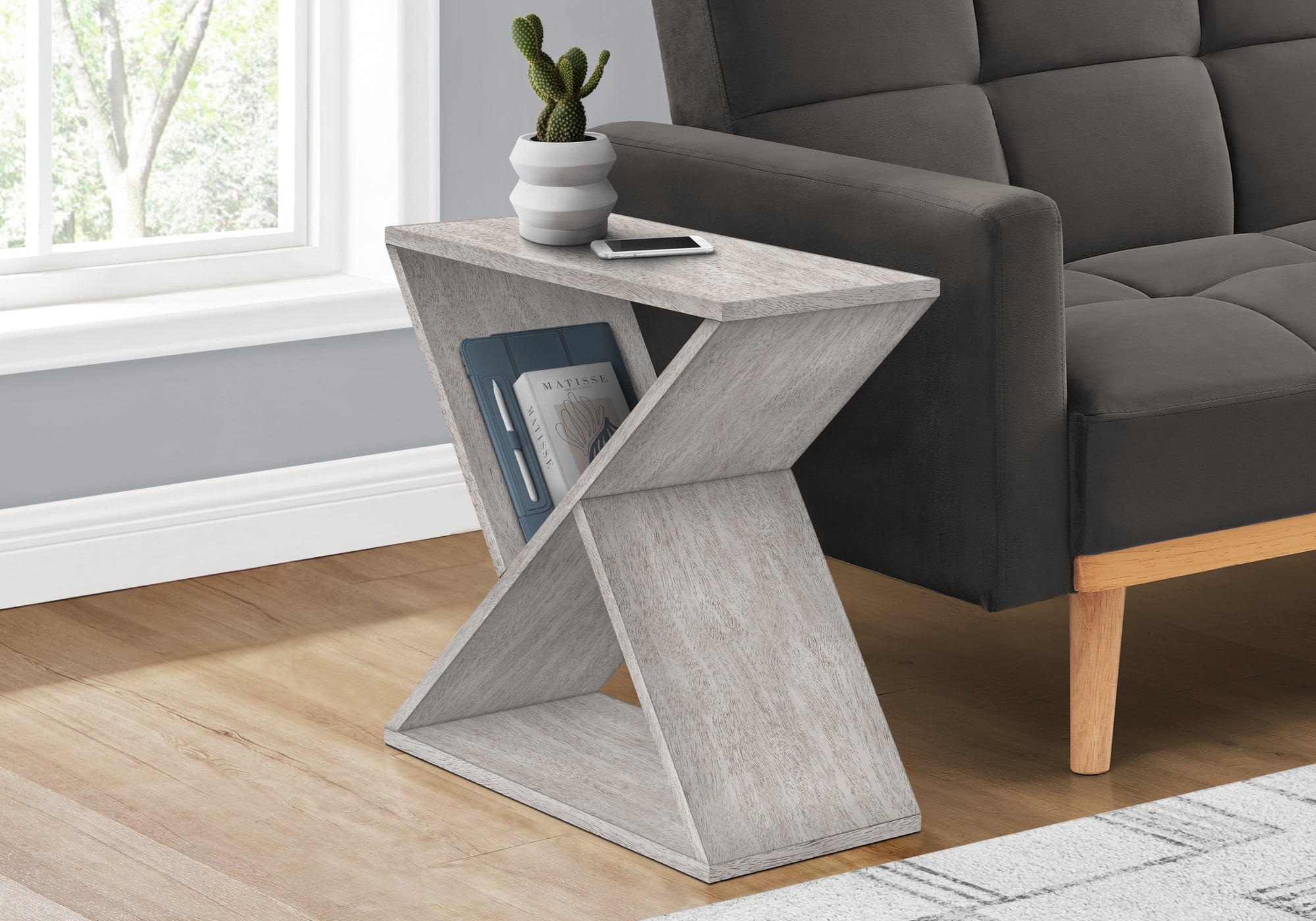 MN-T833980    Accent Table, Side, End, Nightstand, Narrow, Small, Bedroom, Living Room, Lamp, Grey Veneer, Contemporary