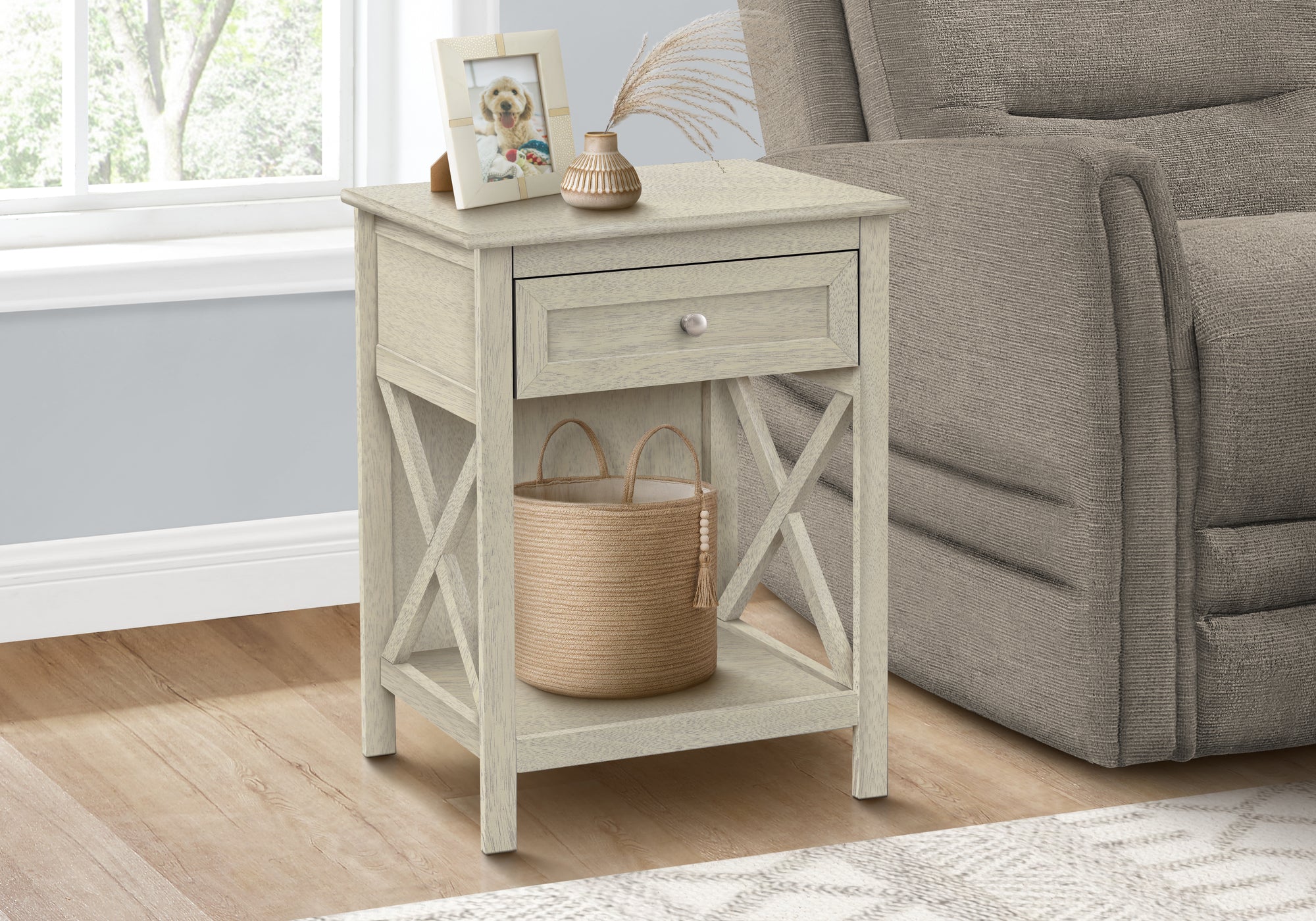 MN-U613984    Accent Table, End, Side Table, 2 Tier, Bedroom, Nightstand, Lamp, Storage Drawer, Antique White Veneer, Transitional