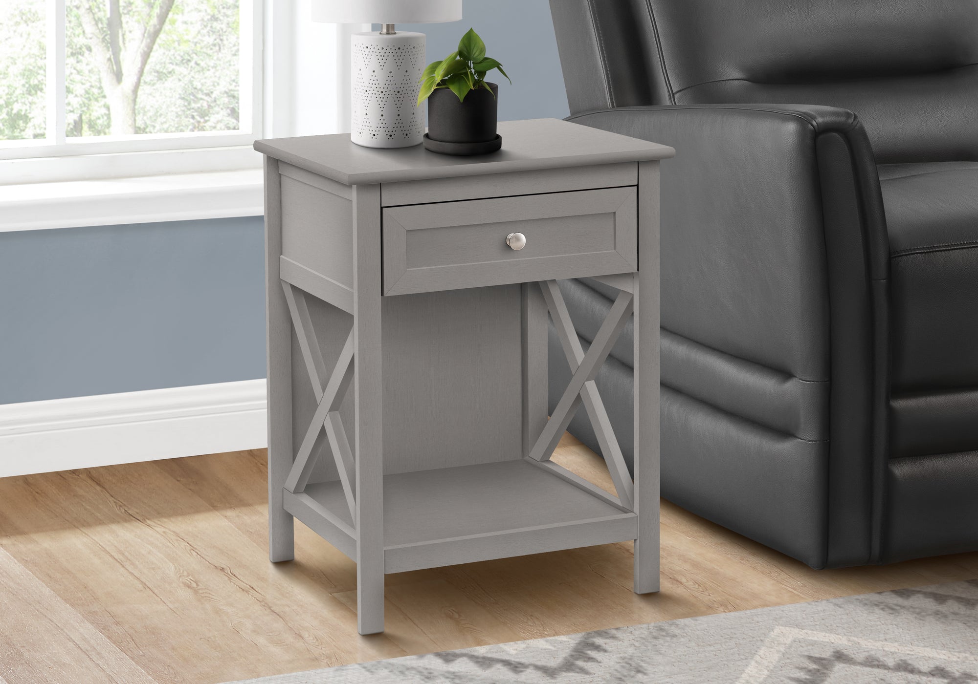 MN-U613985    Accent Table, End, Side Table, 2 Tier, Bedroom, Nightstand, Lamp, Storage Drawer, Antique Grey Veneer, Transitional