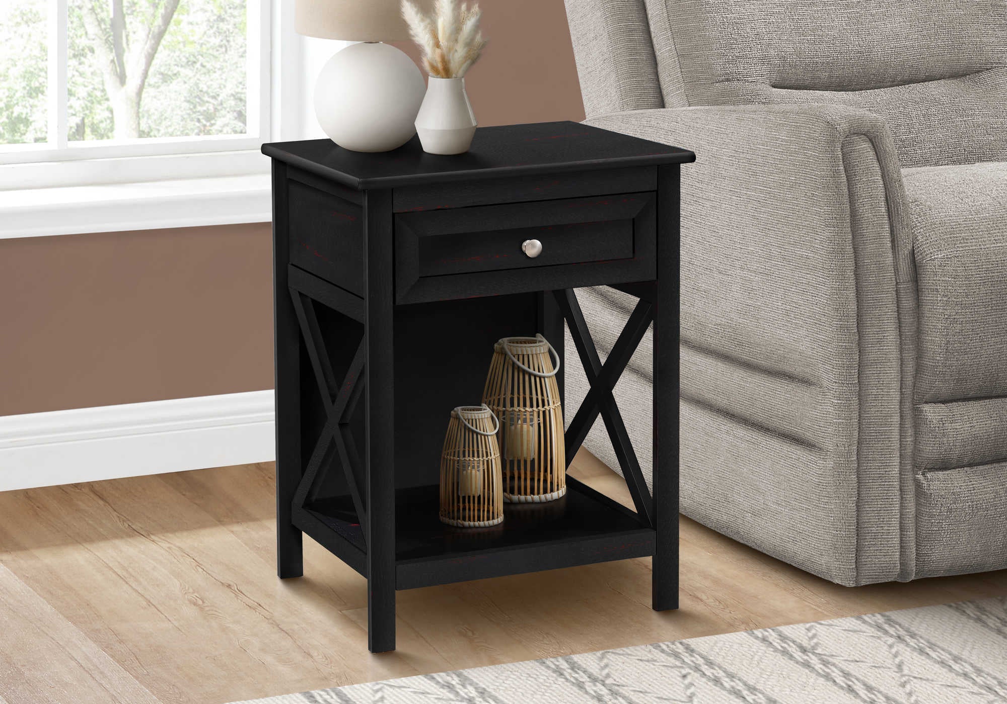 MN-U613986    Accent Table, End, Side Table, 2 Tier, Bedroom, Nightstand, Lamp, Storage Drawer, Black Veneer, Transitional