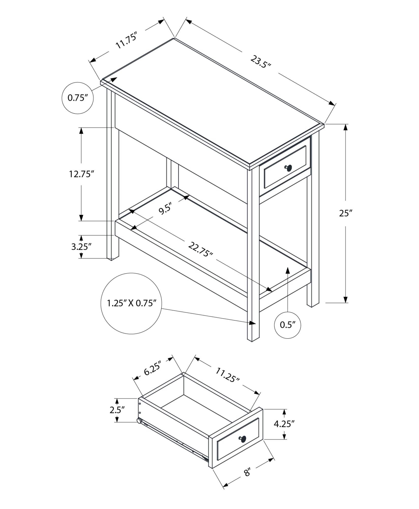 MN-923990    Accent Table, 2 Tier, End, Side Table, Narrow, Nightstand, Bedroom, Storage Drawer, Lamp, Brown Veneer, Transitional